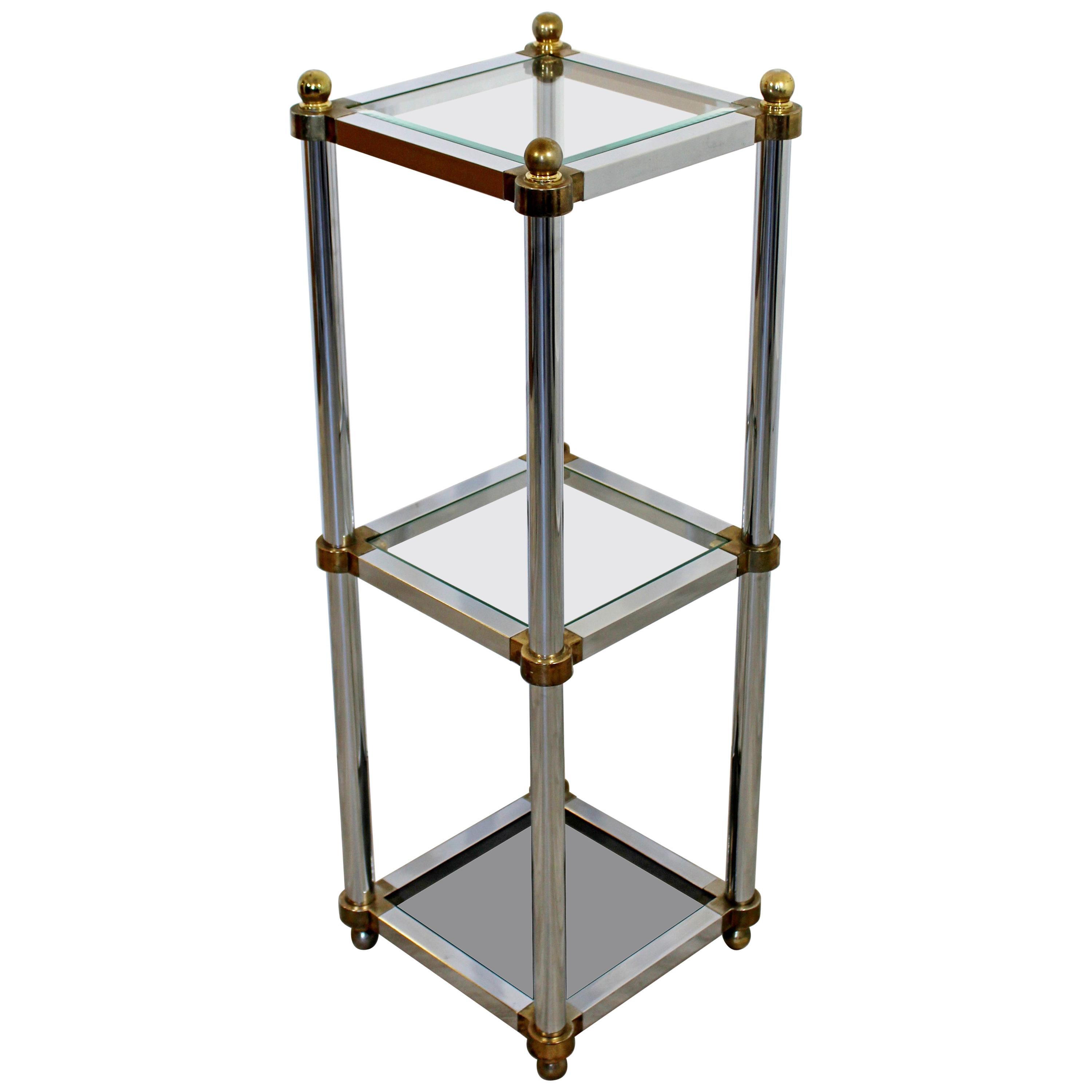 Mid-Century Modern Maison Jansen Chrome Glass 3 Shelf Pedestal Display Stand 60s