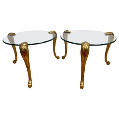 Mid-Century Modern Maison Jansen Heavy Brass and Glass Round End Tables, Pair