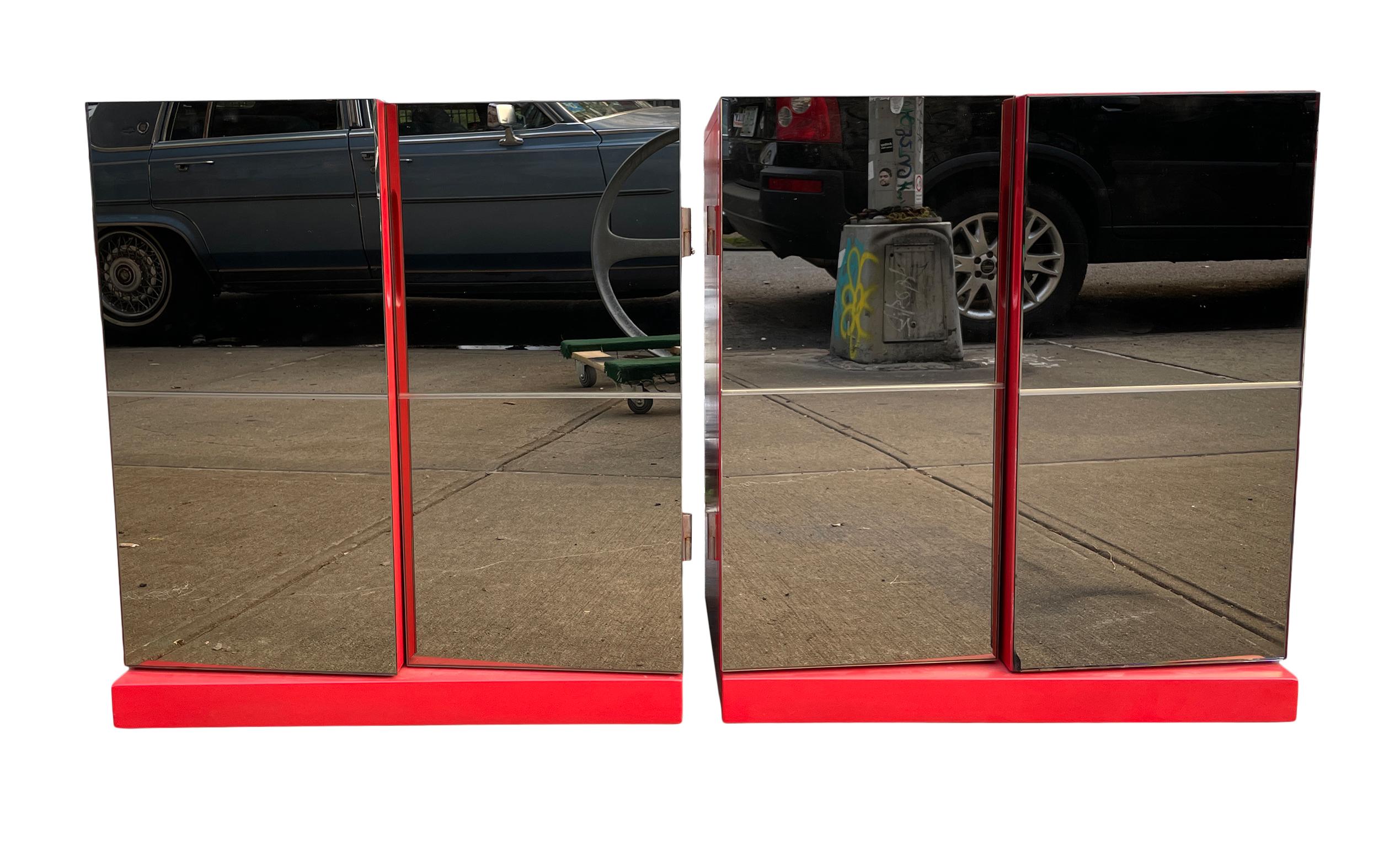 Canadian Mid-Century Modern Maison Rougier Pair of Red Mirror Cabinets or Nightstands  For Sale