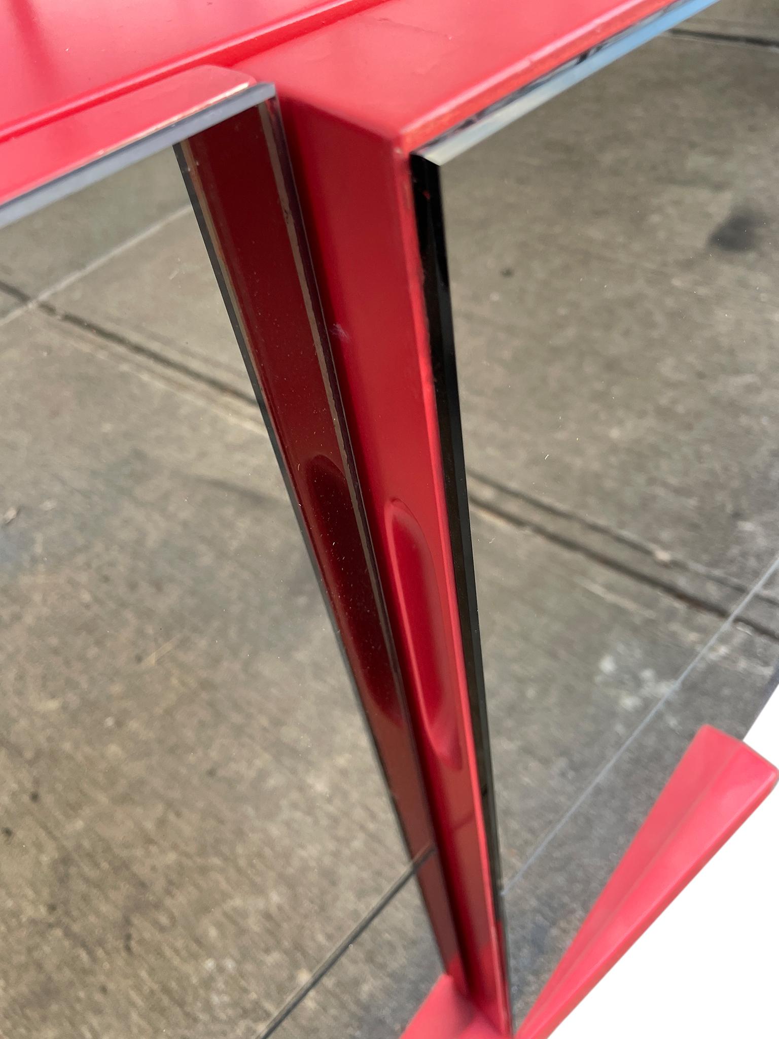 Mid-Century Modern Maison Rougier Pair of Red Mirror Cabinets or Nightstands  In Good Condition For Sale In BROOKLYN, NY