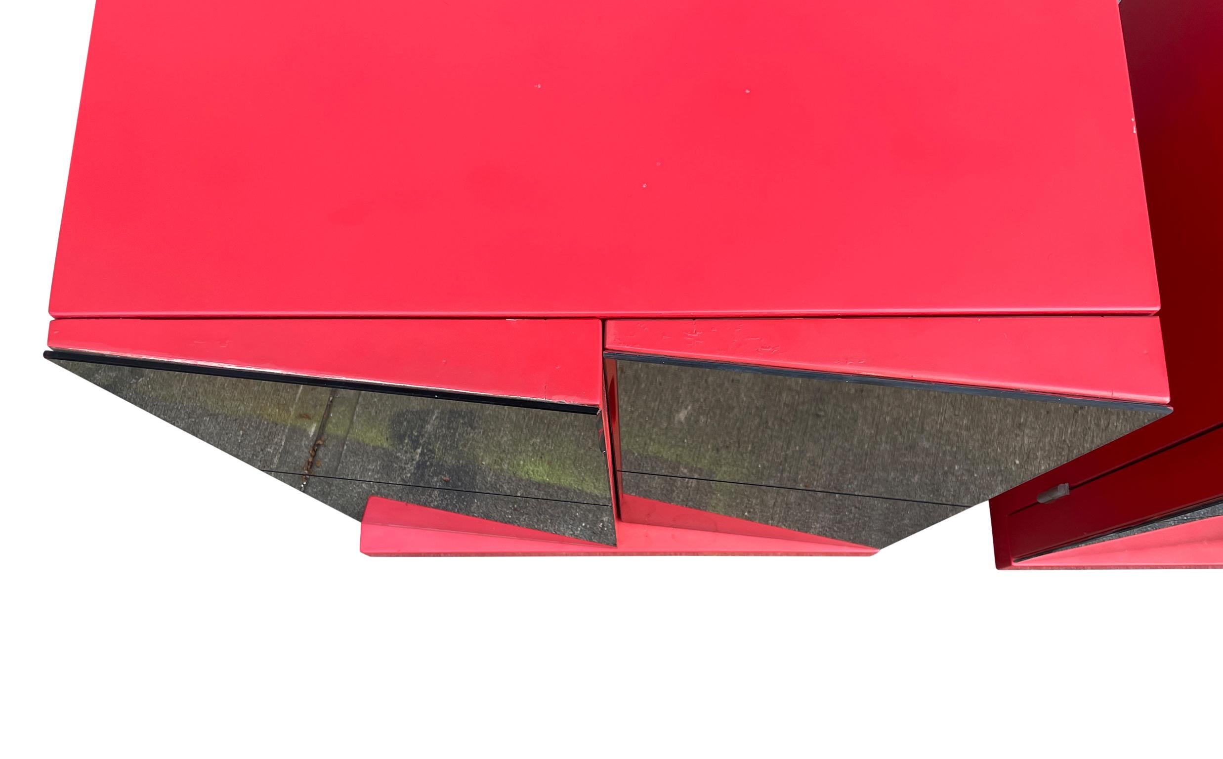 Mid-Century Modern Maison Rougier Pair of Red Mirror Cabinets or Nightstands 2