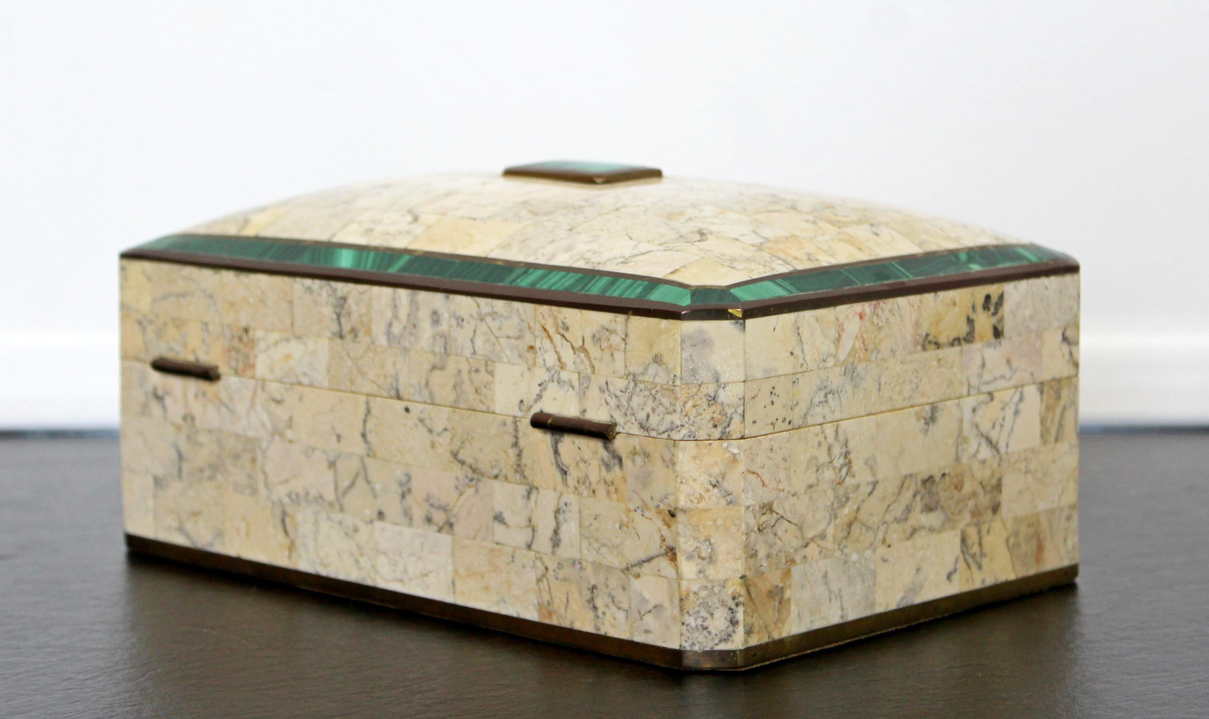 Mid-Century Modern Maitland Smith Brass Tessellated Stone Lidded Box Vessel 2