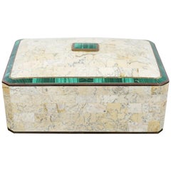 Mid-Century Modern Maitland Smith Brass Tessellated Stone Lidded Box Vessel