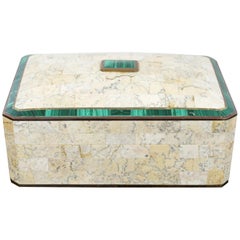 Mid-Century Modern Maitland Smith Brass Tessellated Stone Lidded Box Vessel
