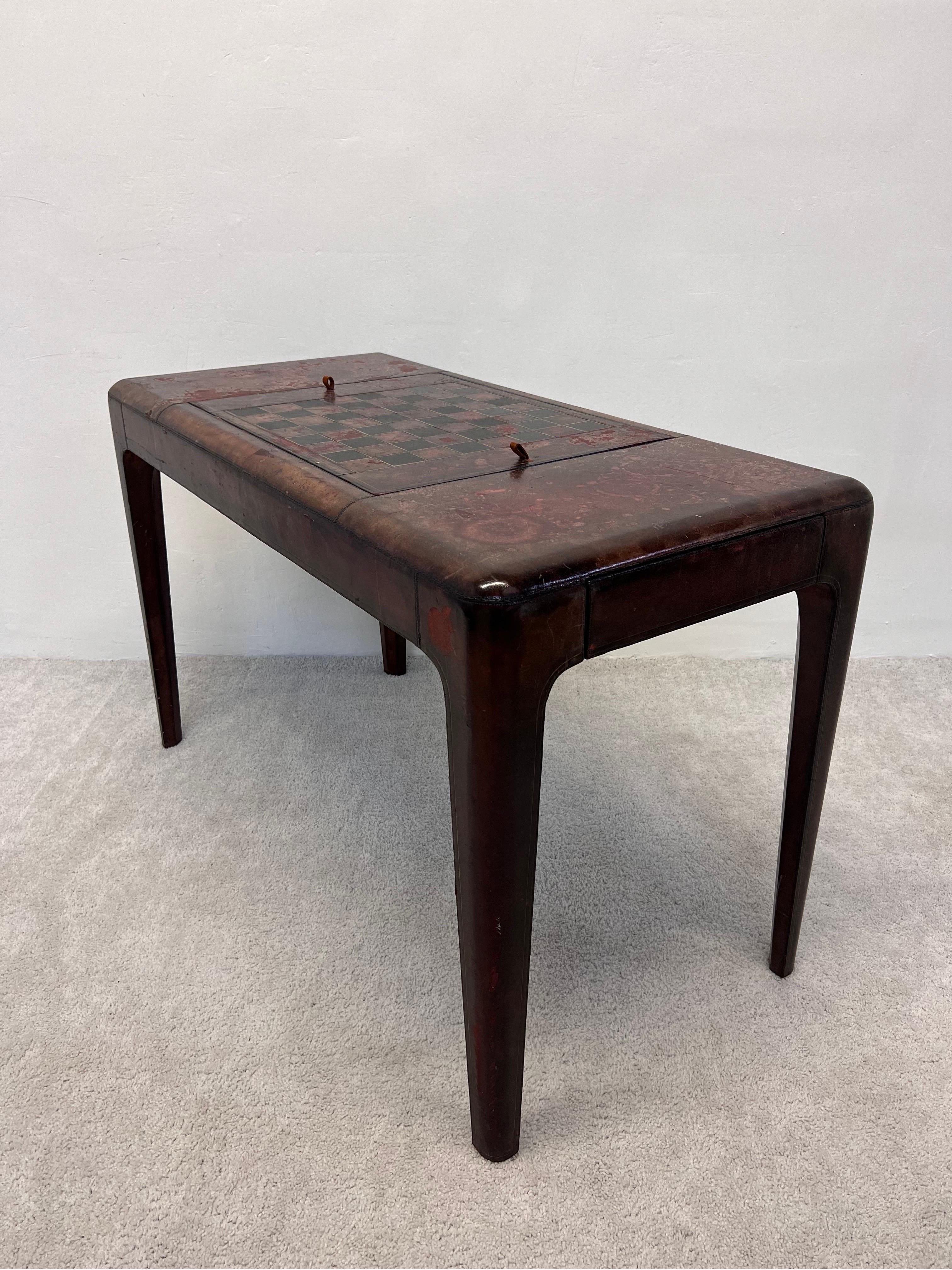 Mid-Century Modern Maitland Smith Distressed Leather Game Table In Distressed Condition In Miami, FL
