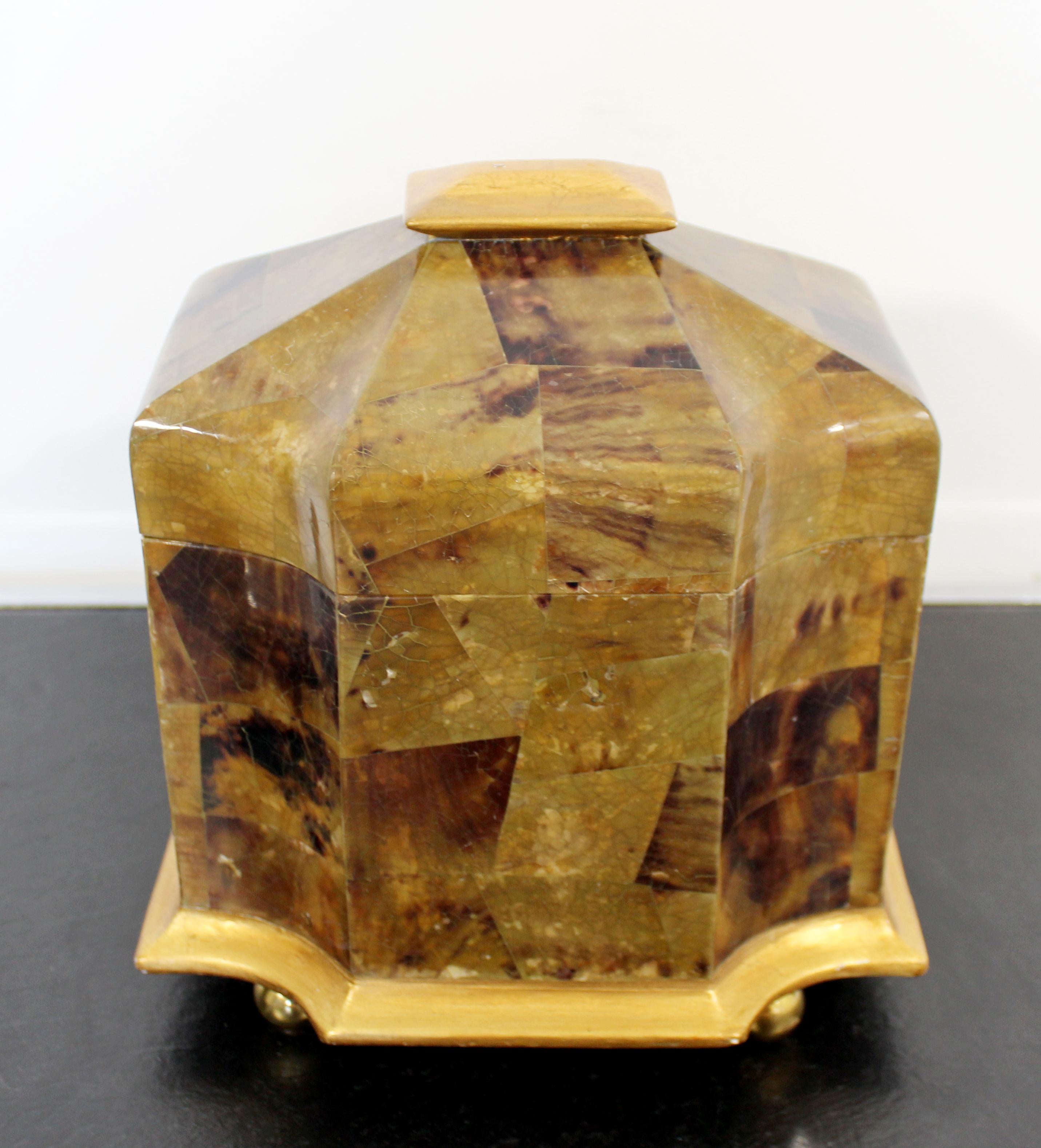 Mid-Century Modern Maitland Smith Tessellated Stone Gilt Lidded Box Vessel 1970s In Good Condition For Sale In Keego Harbor, MI