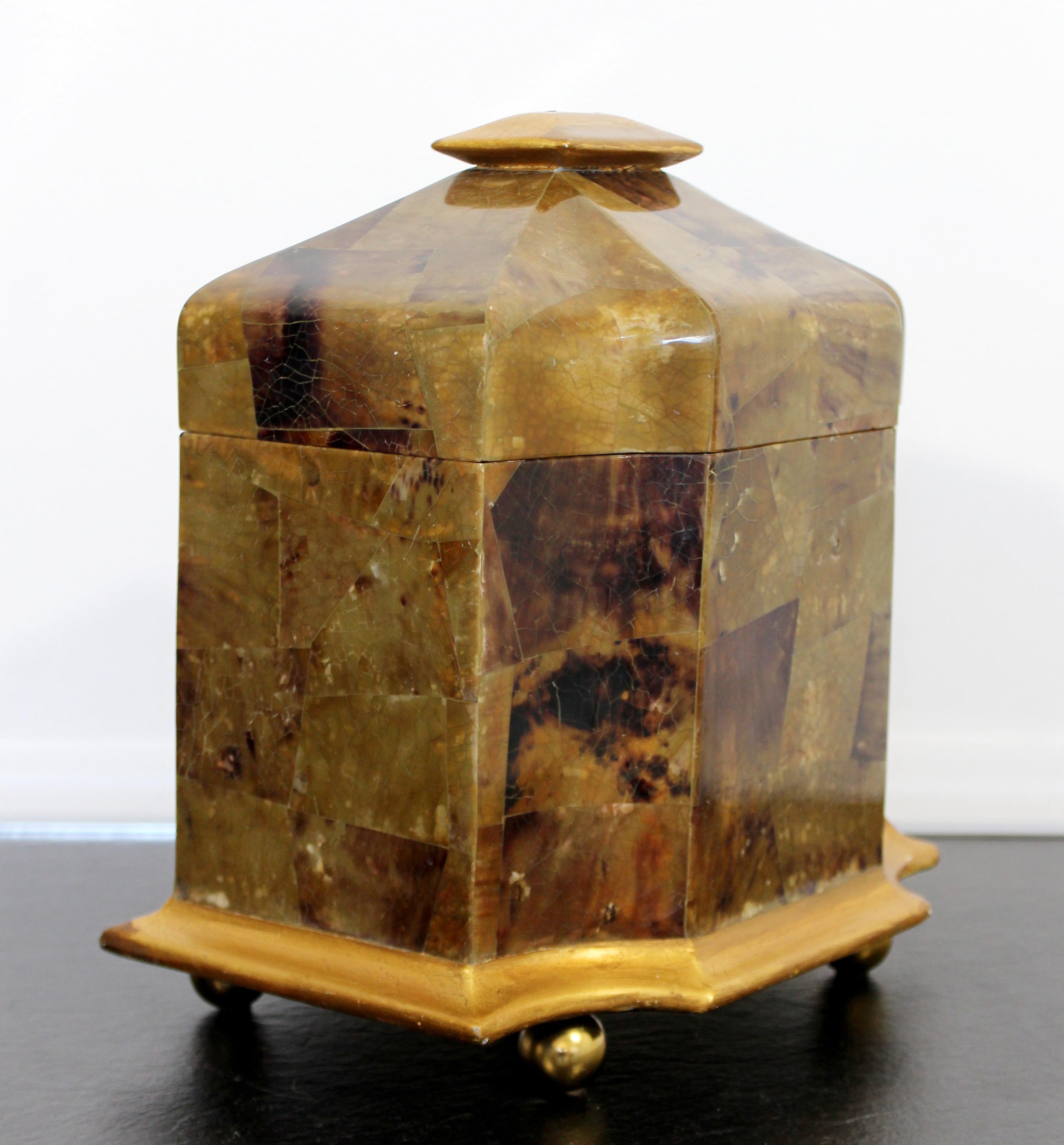 Late 20th Century Mid-Century Modern Maitland Smith Tessellated Stone Gilt Lidded Box Vessel 1970s For Sale