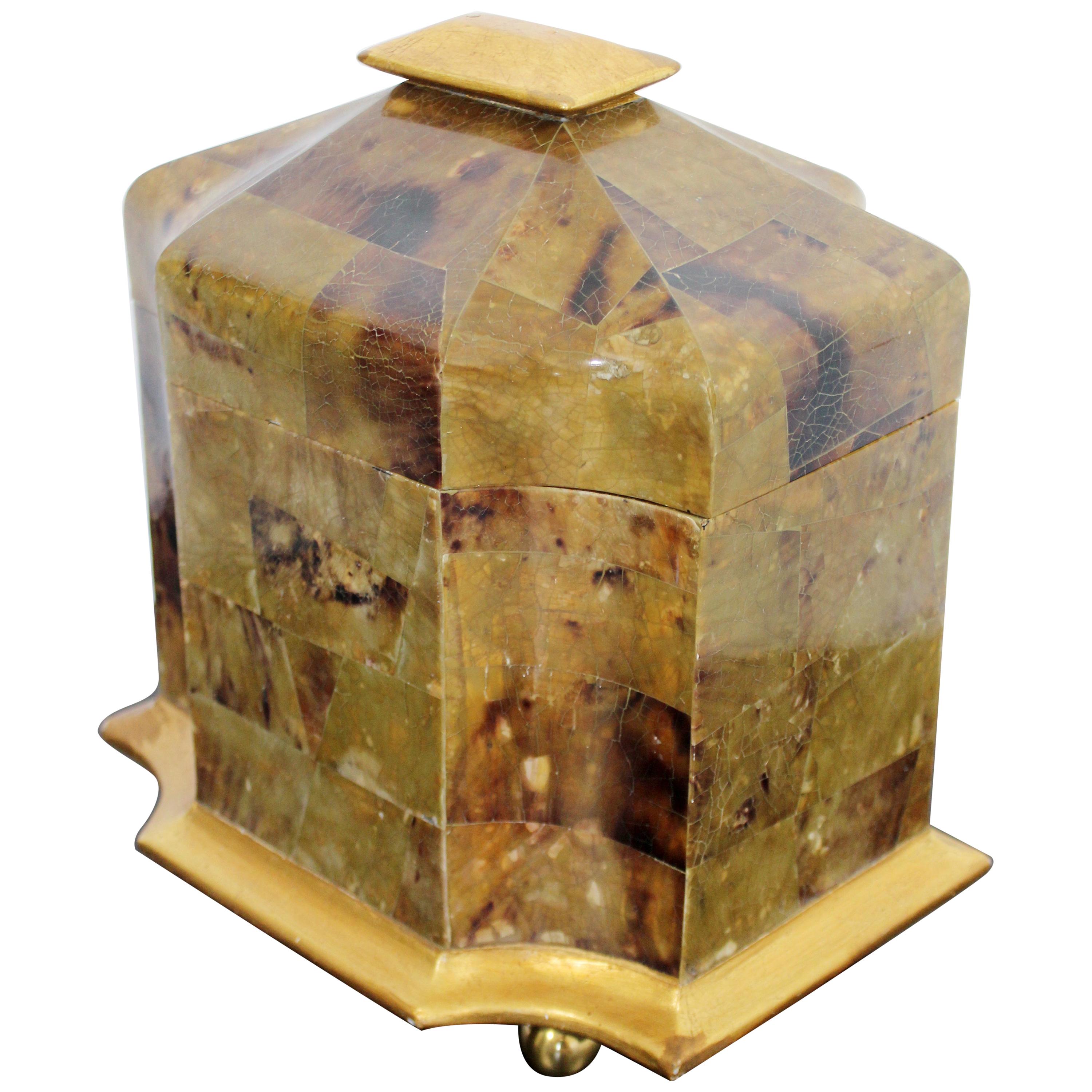 Mid-Century Modern Maitland Smith Tessellated Stone Gilt Lidded Box Vessel 1970s