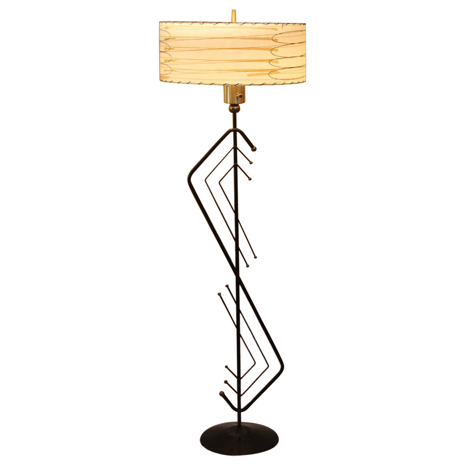 Mid Century Modern Majestic Floor Lamp. Iron Brass Atomic 1950s Fiberglass Shade