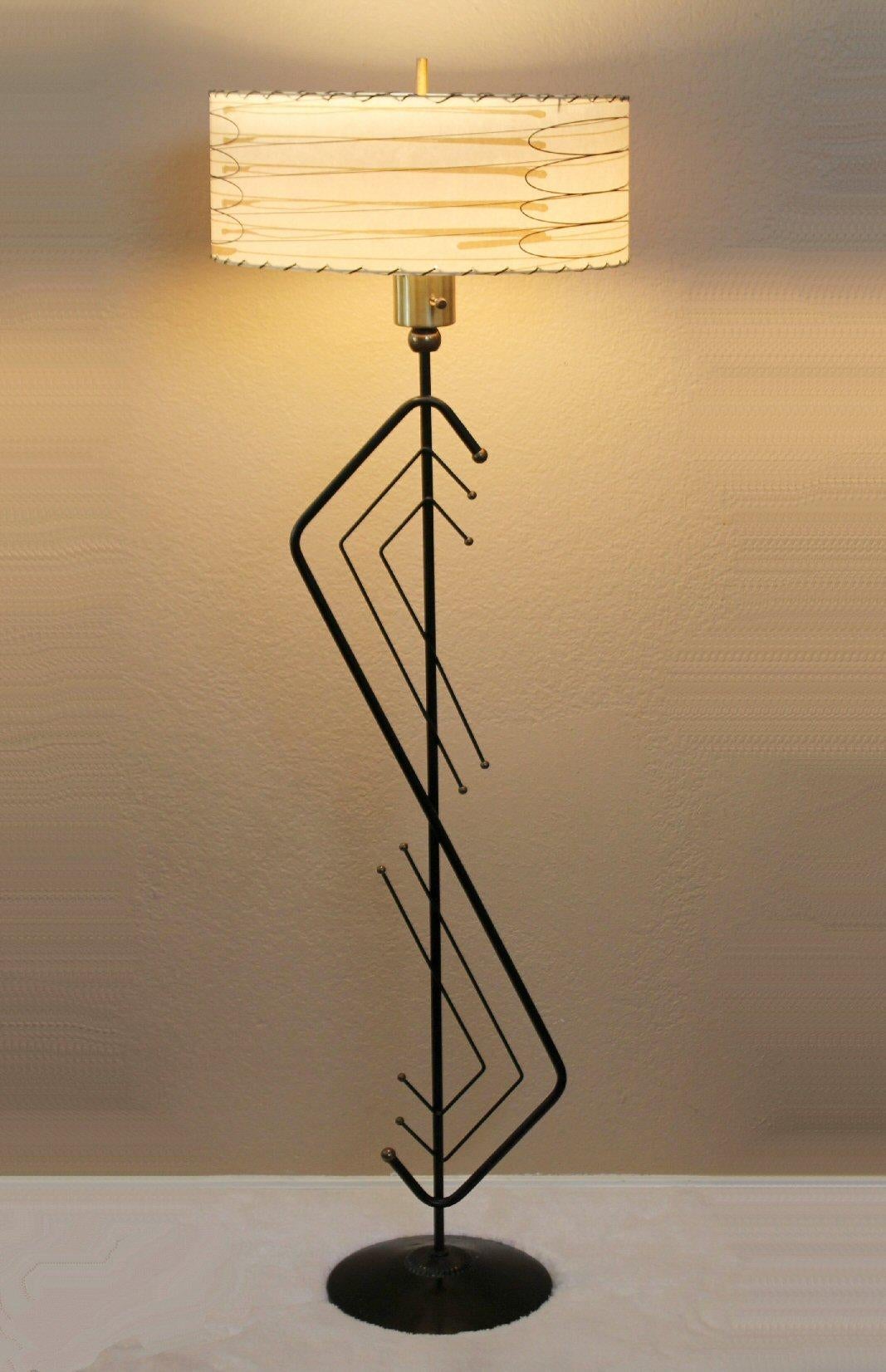 Mid Century Modern Majestic Floor Lamp. Iron Brass Atomic 1950s Fiberglass Shade 3