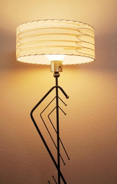 Mid Century Modern Majestic Floor Lamp. Iron Brass Atomic 1950s Fiberglass Shade