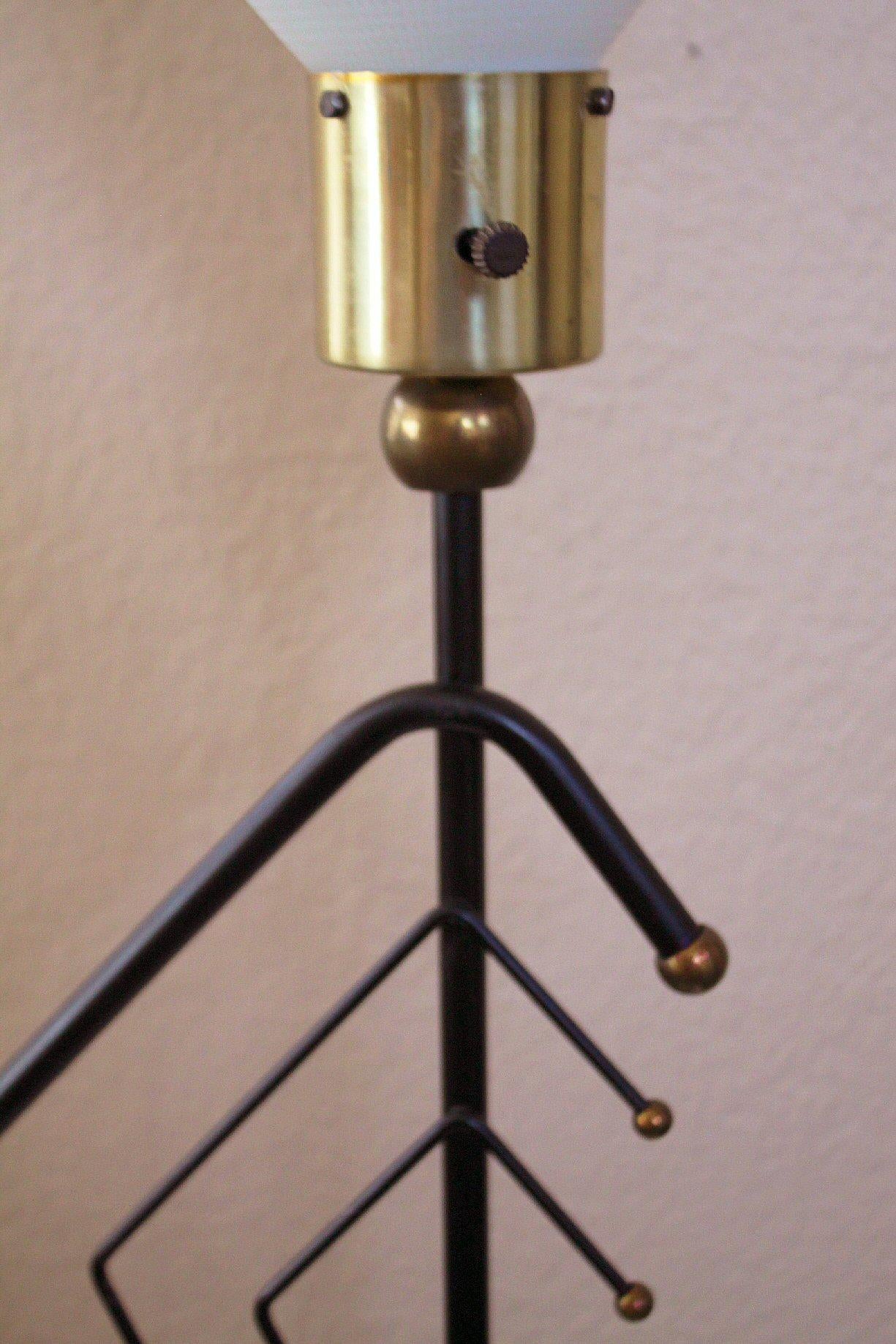 20th Century Mid Century Modern Majestic Floor Lamp. Iron Brass Atomic 1950s Fiberglass Shade