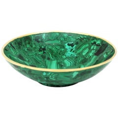 Mid-Century Modern Malachite Round Bowl or Vide-Poche with Polished Brass Rim