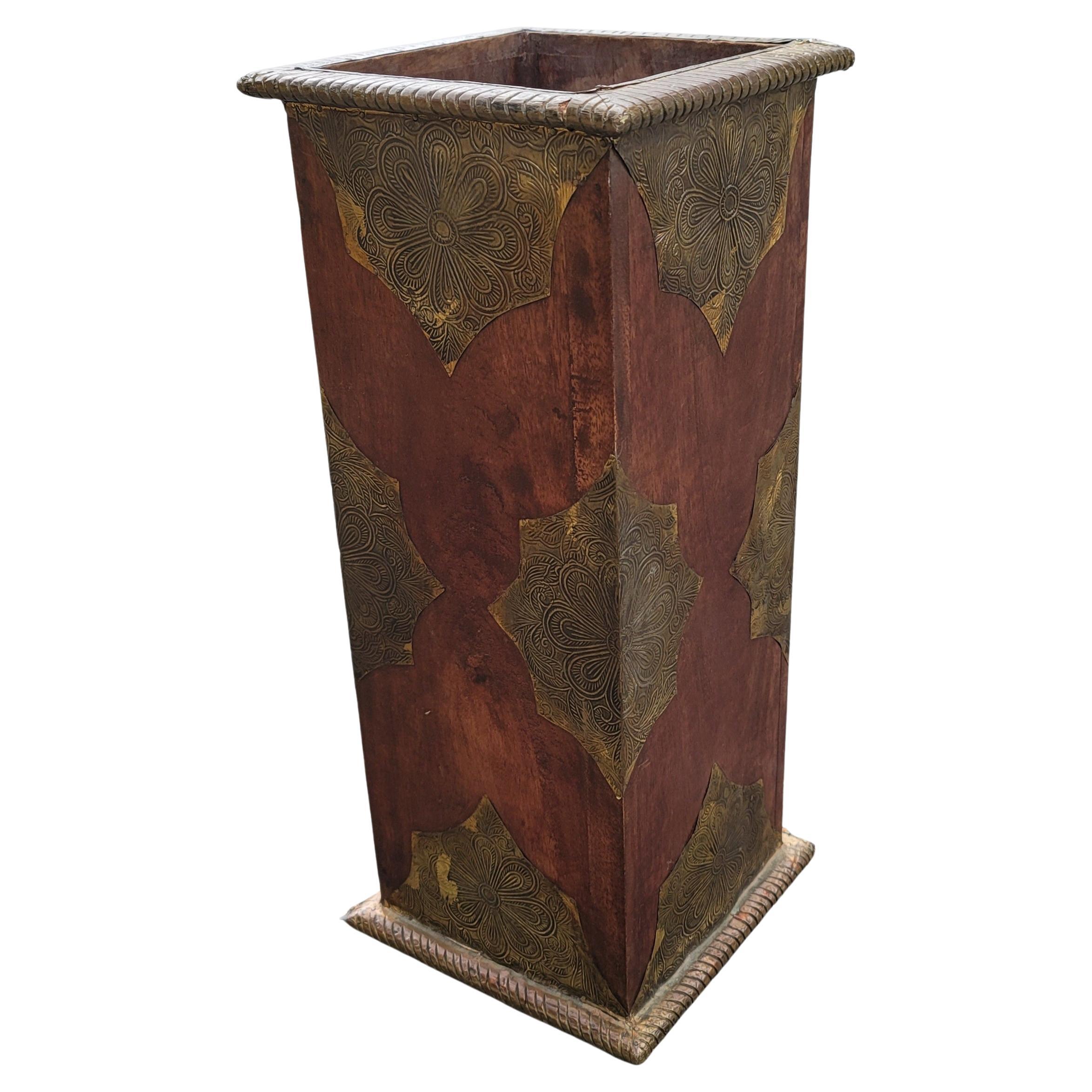 Arts and Crafts Mid-Century Modern Mango Wood with Mounted Brass Sheeting Ornate Umbrella Stand For Sale
