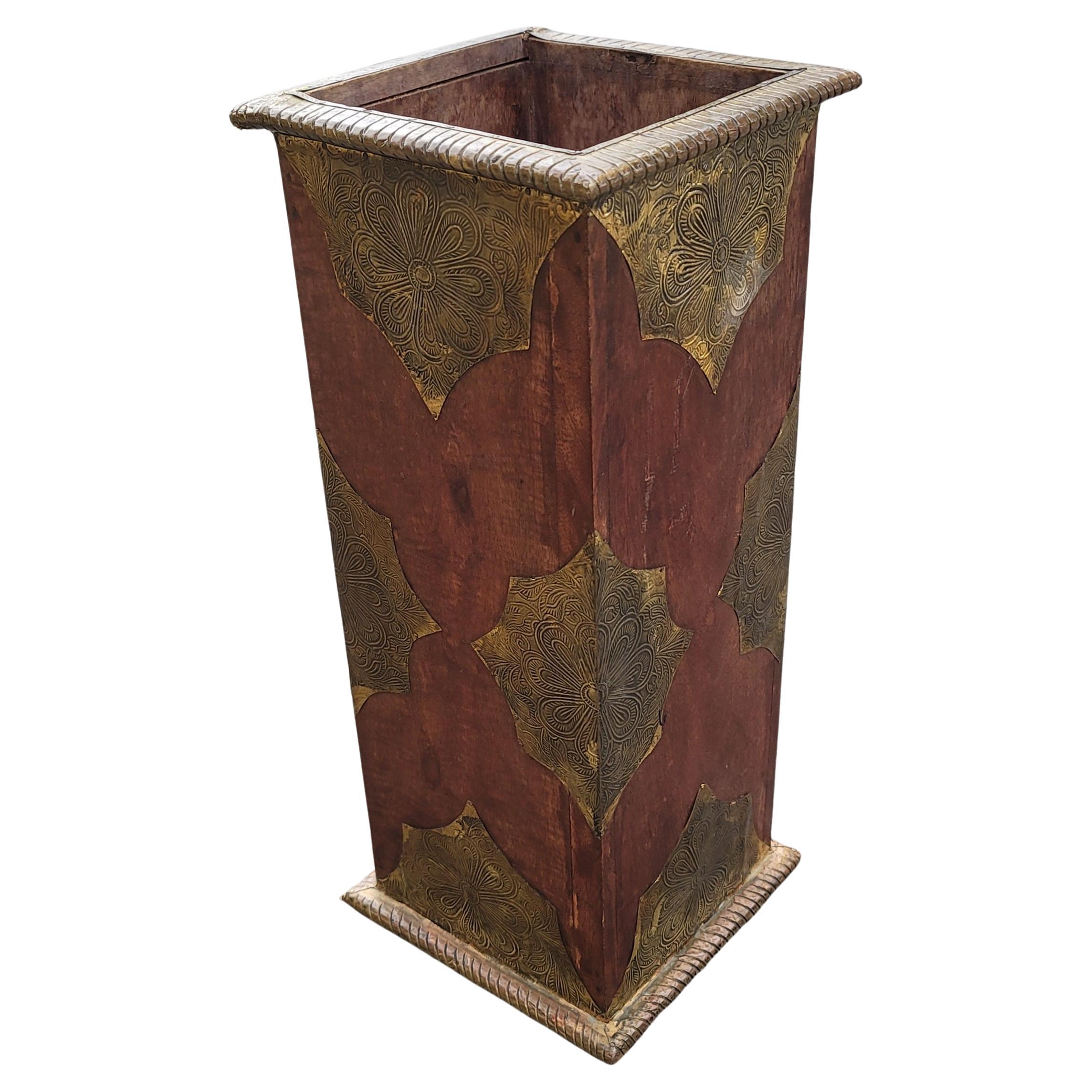 Indian Mid-Century Modern Mango Wood with Mounted Brass Sheeting Ornate Umbrella Stand For Sale