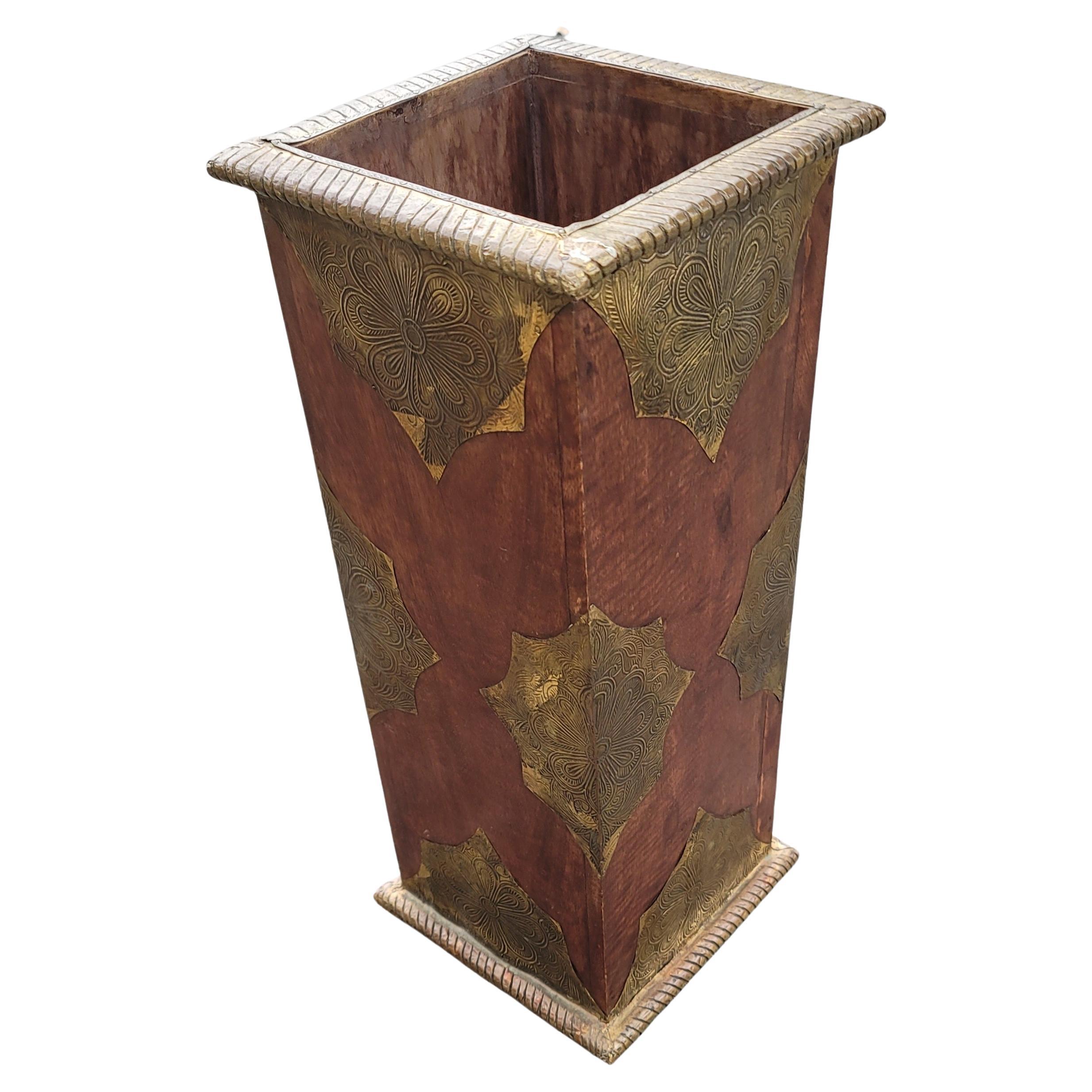 Mid-Century Modern Mango Wood with Mounted Brass Sheeting Ornate Umbrella Stand For Sale 1