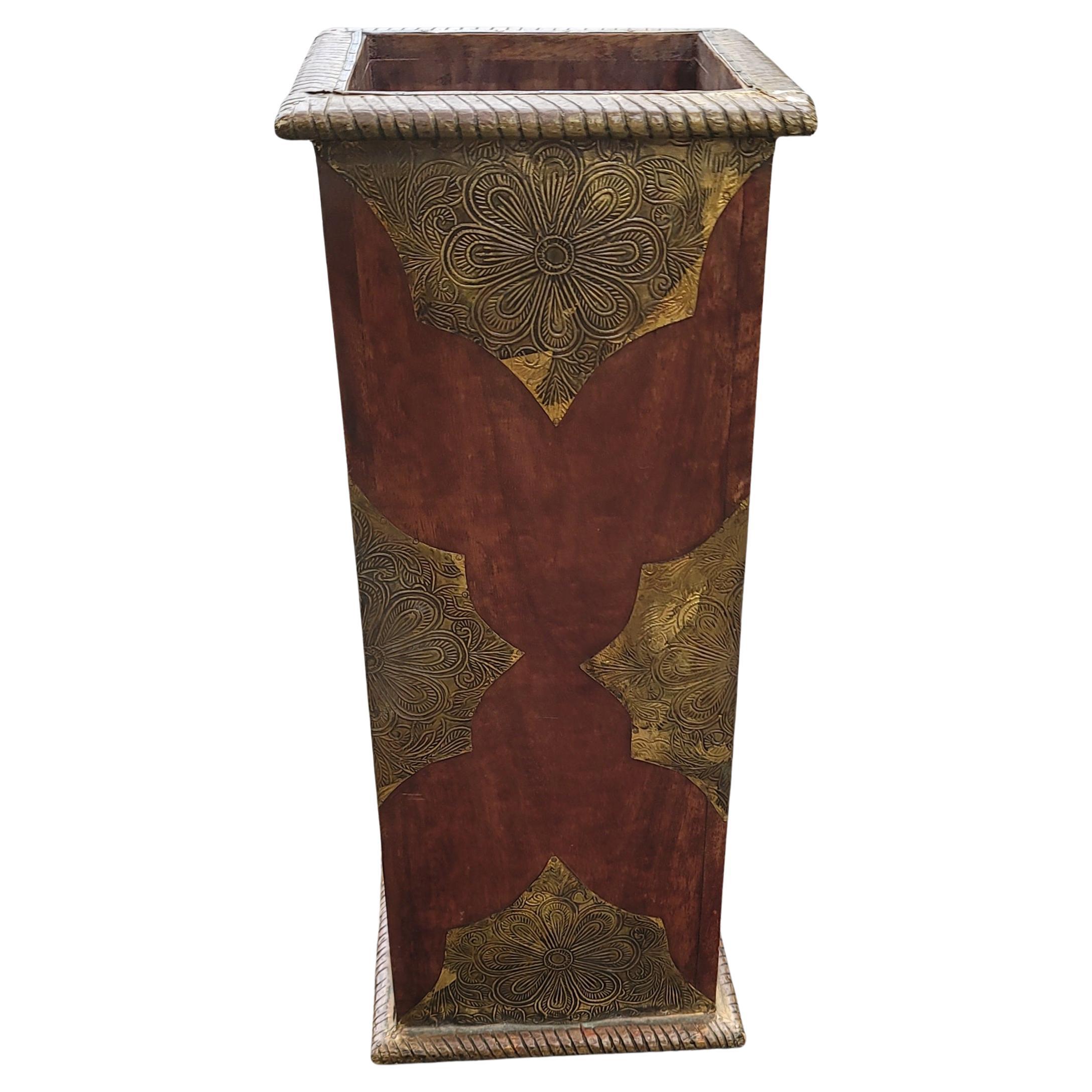Mid-Century Modern Mango Wood with Mounted Brass Sheeting Ornate Umbrella Stand For Sale 2