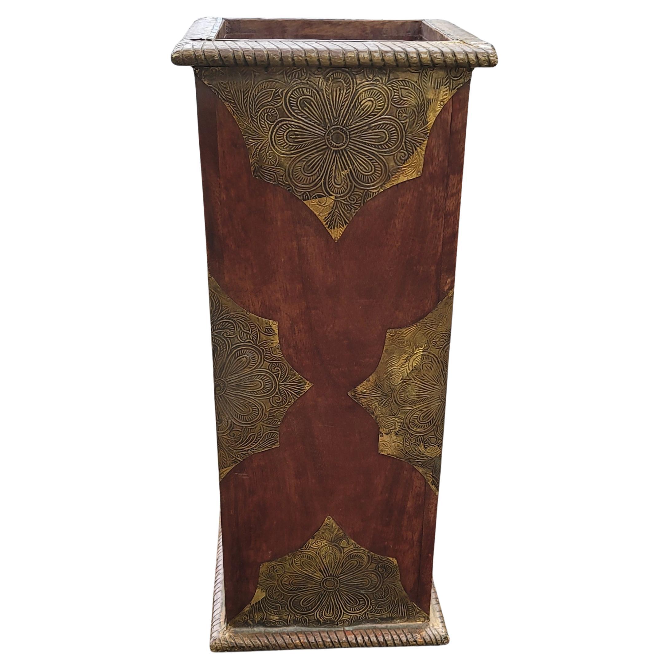 Mid-Century Modern Mango Wood with Mounted Brass Sheeting Ornate Umbrella Stand For Sale