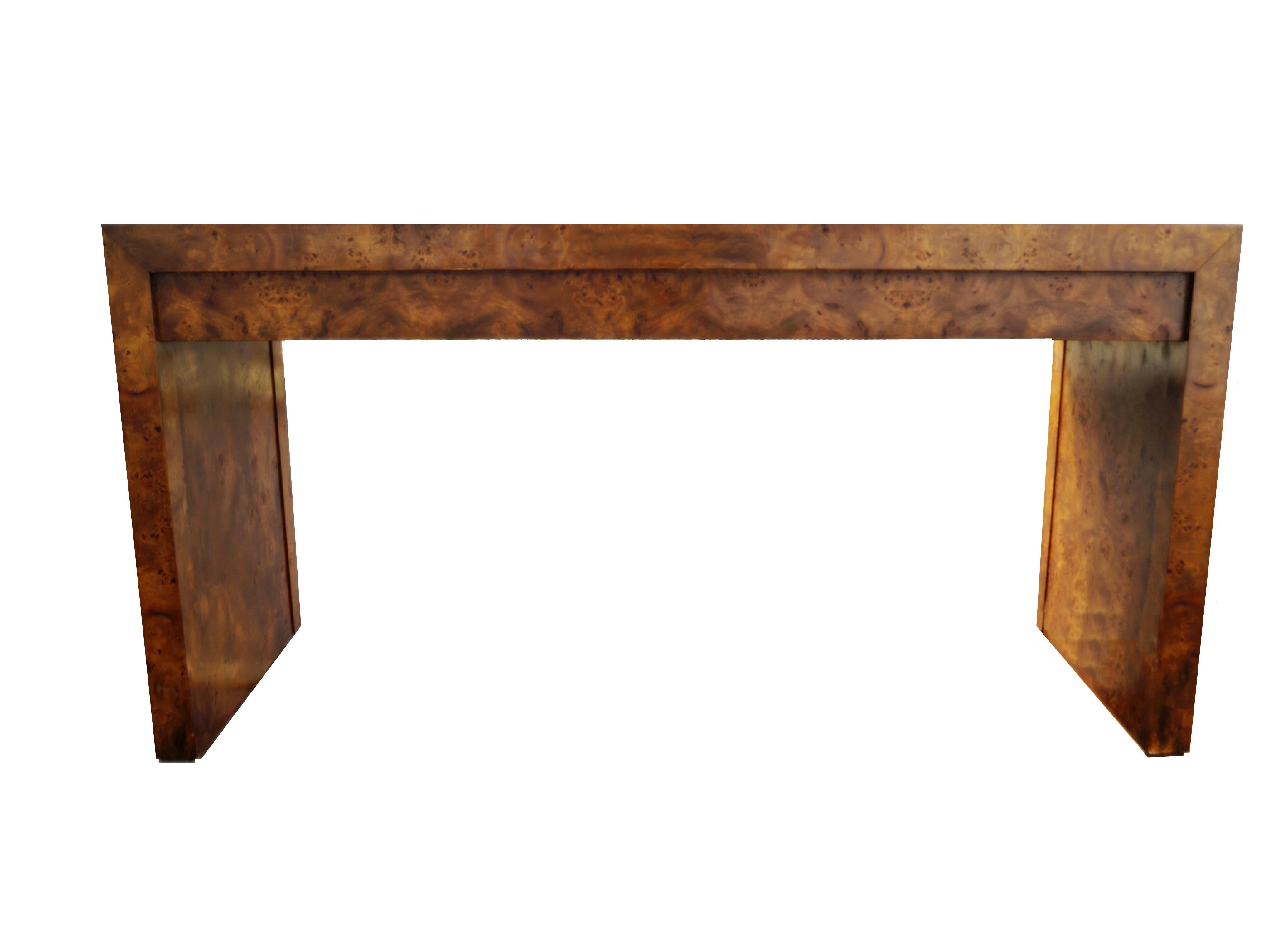 Manner of Milo Baughman Burl Wood 3 Drawer Writing Desk Console Table. The leg area from floor to bottom of the 3 drawers is 24