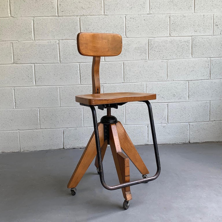 MidCentury Modern Maple Adjustable Swivel Drafting Stool at 1stDibs