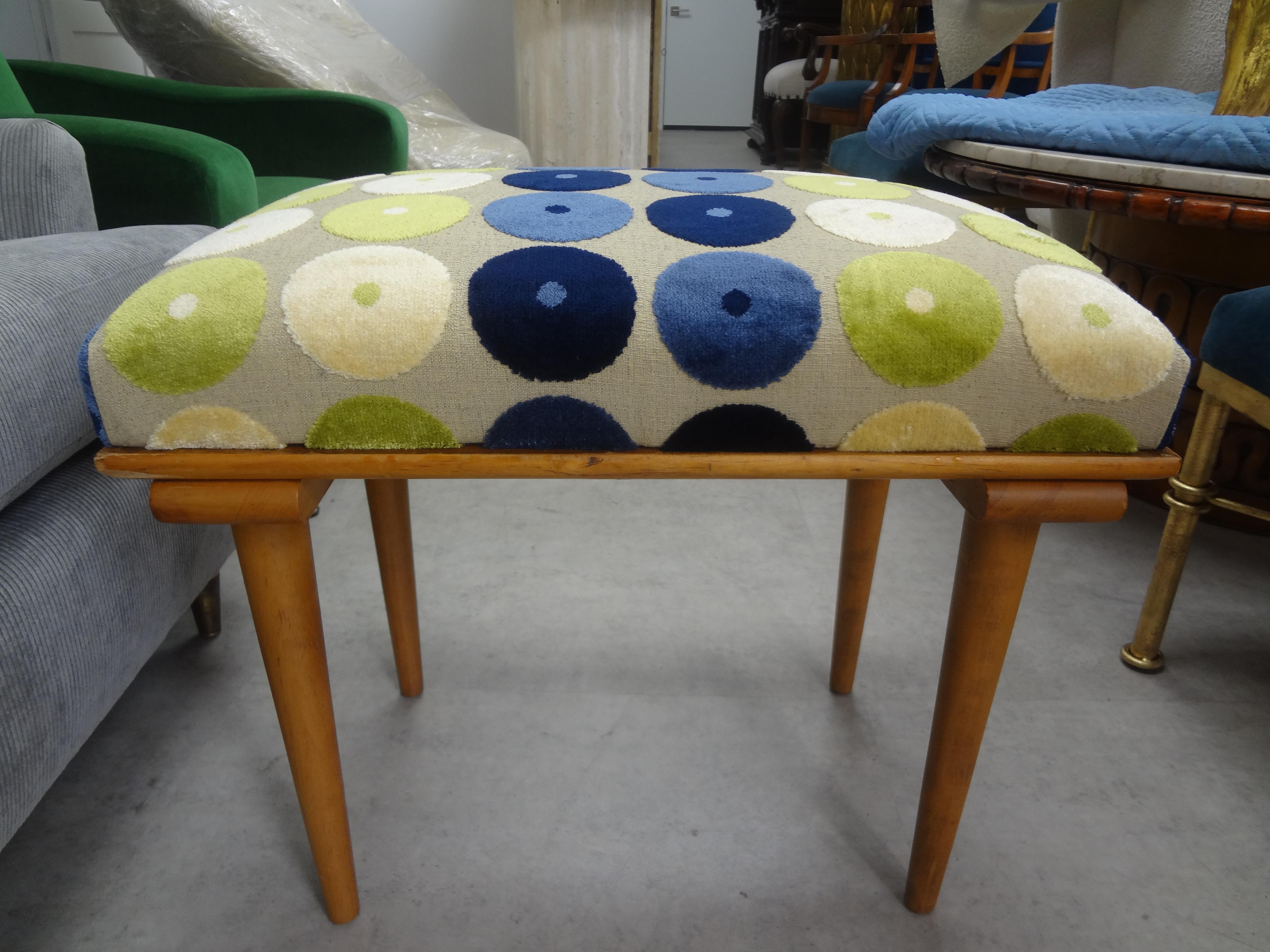 Mid-Century Modern maple bench. This handsome vintage maple bench, ottoman or stool has been professionally upholstered in a plush chenille modernist fabric.