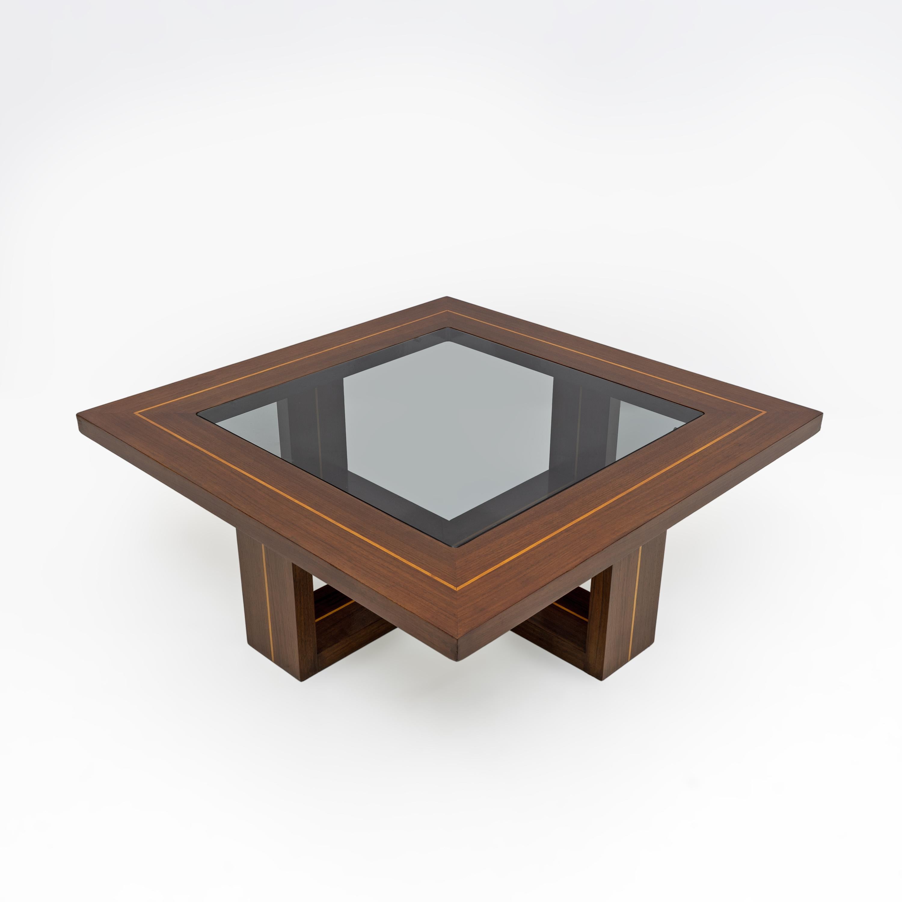 Gorgeous Italian coffee table in Mid-Century Modern style. Walnut veneer with maple inlays, smoked glass center top. Fully restored and shellac polished.