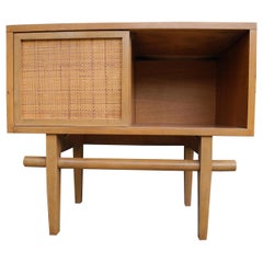 Mid-Century Modern Maple Vintage Single Nightstand with Rattan Sliding Door