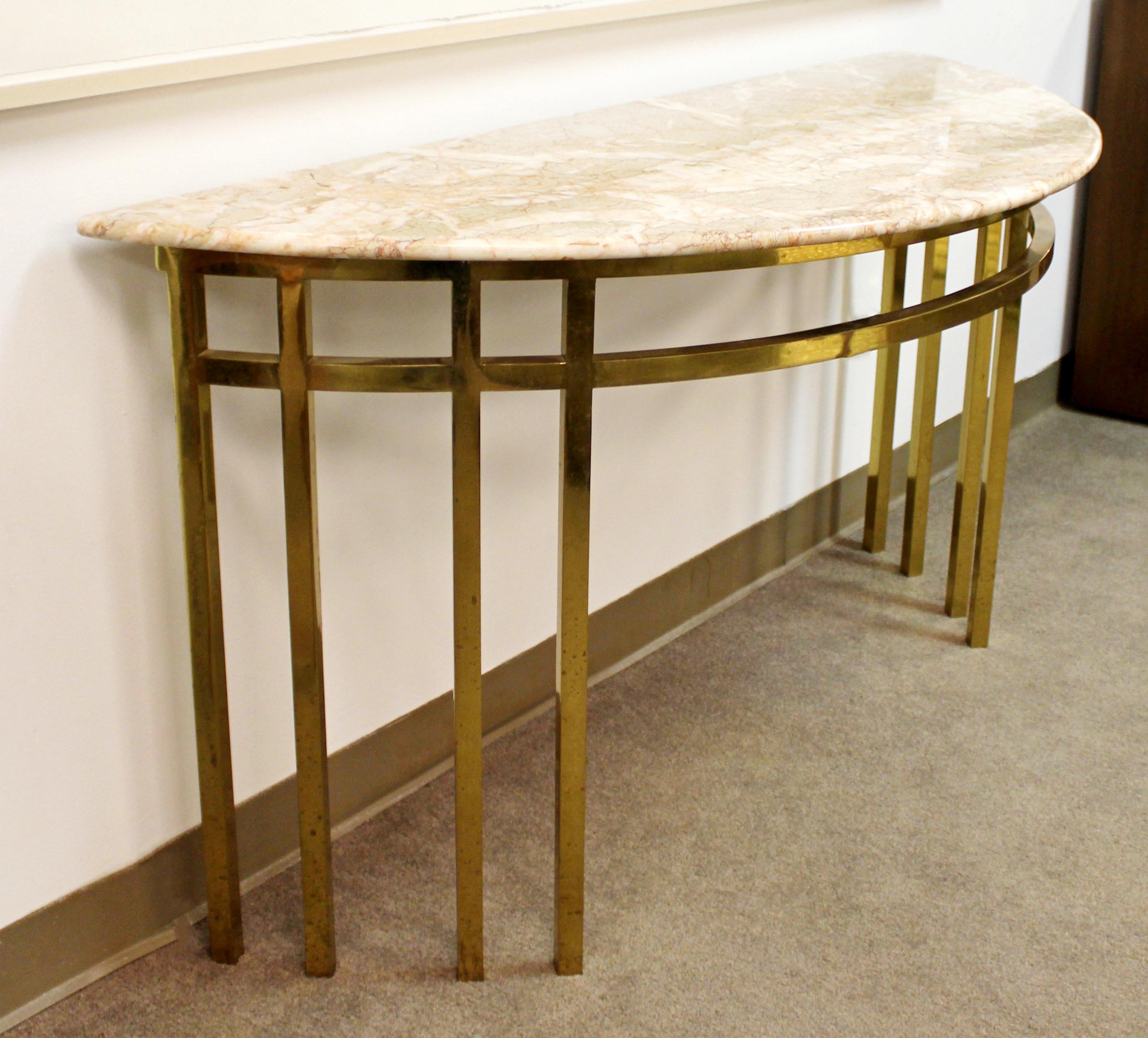 American Mid-Century Modern Marble on Brass Demilune Console Table Parzinger Style, 1960s