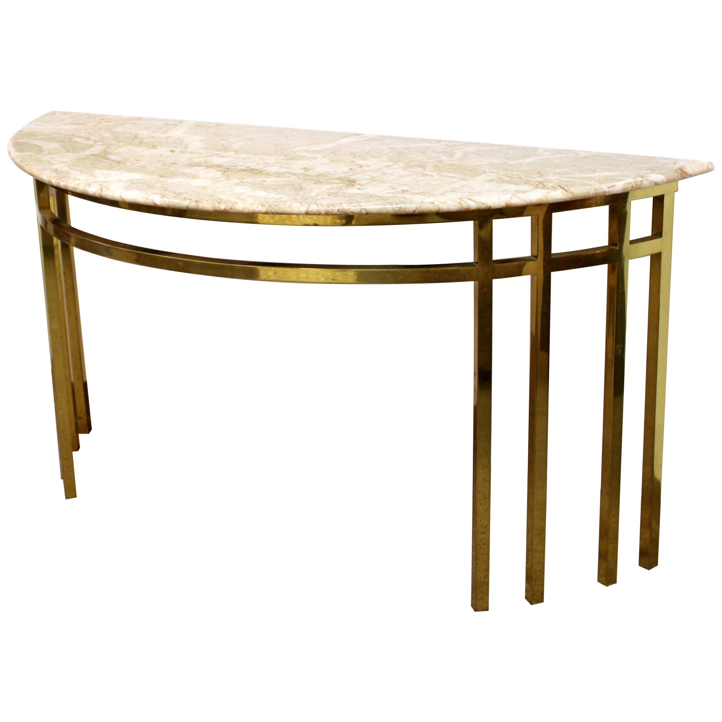 Mid-Century Modern Marble on Brass Demilune Console Table Parzinger Style, 1960s