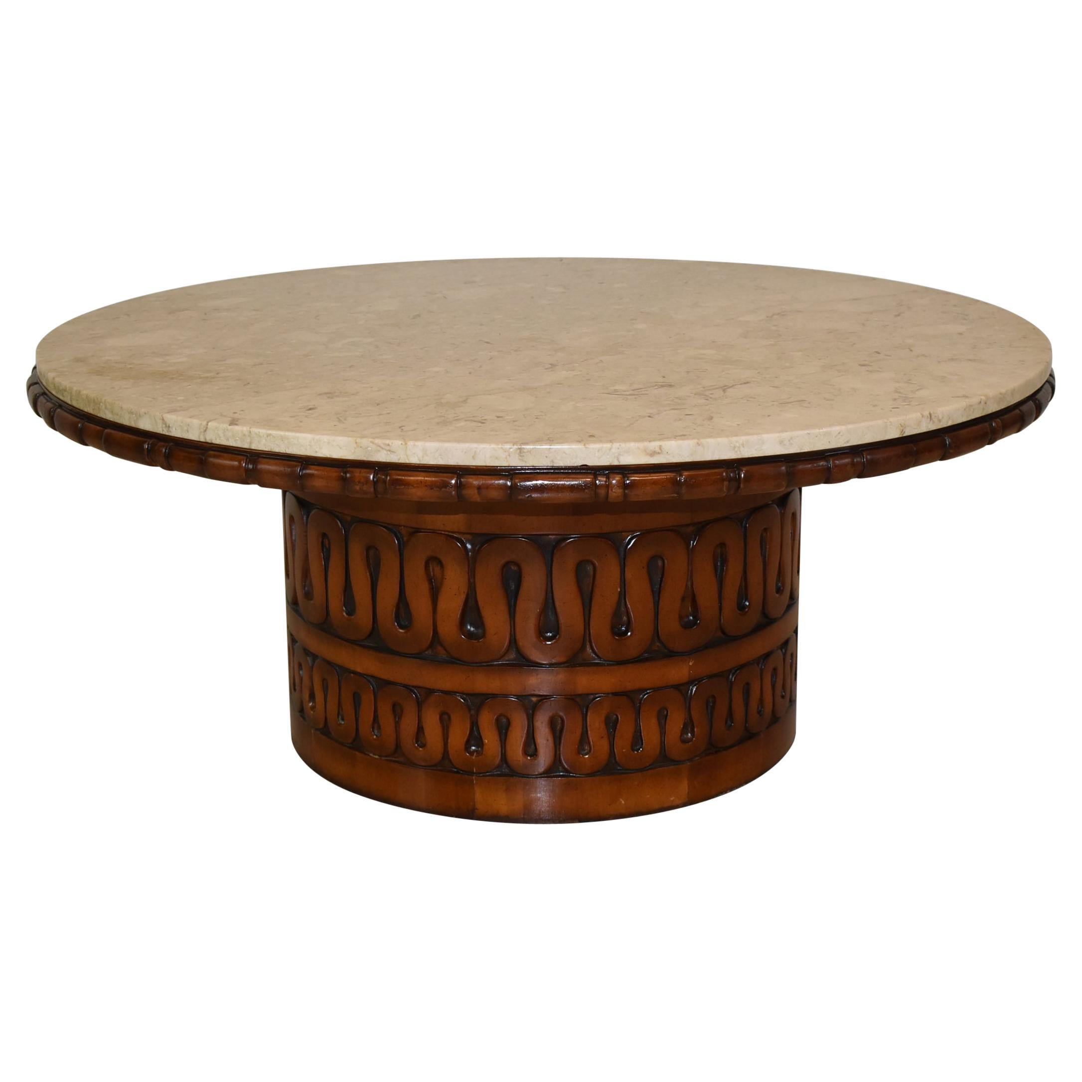 Mid-Century Modern Marble Top Round Coffee Table Carved Base