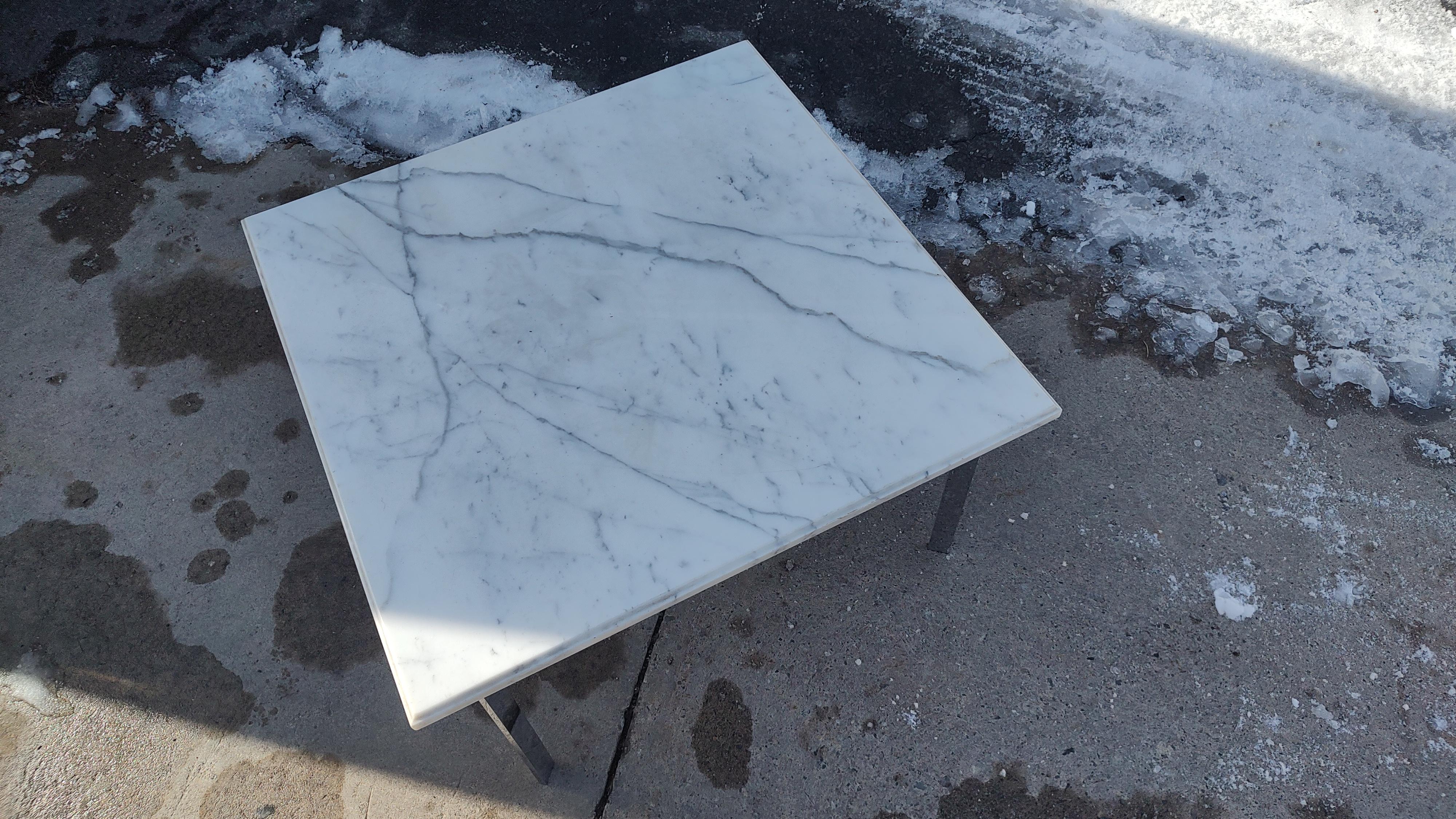 Steel Mid Century Modern Marble Top Table With Ludwig Mies van der Rohe X Base C1965 For Sale