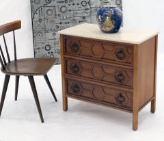 Mid-Century Modern Marble Travertine Top 3 Decor Drawers Bachelor Chest Dresser