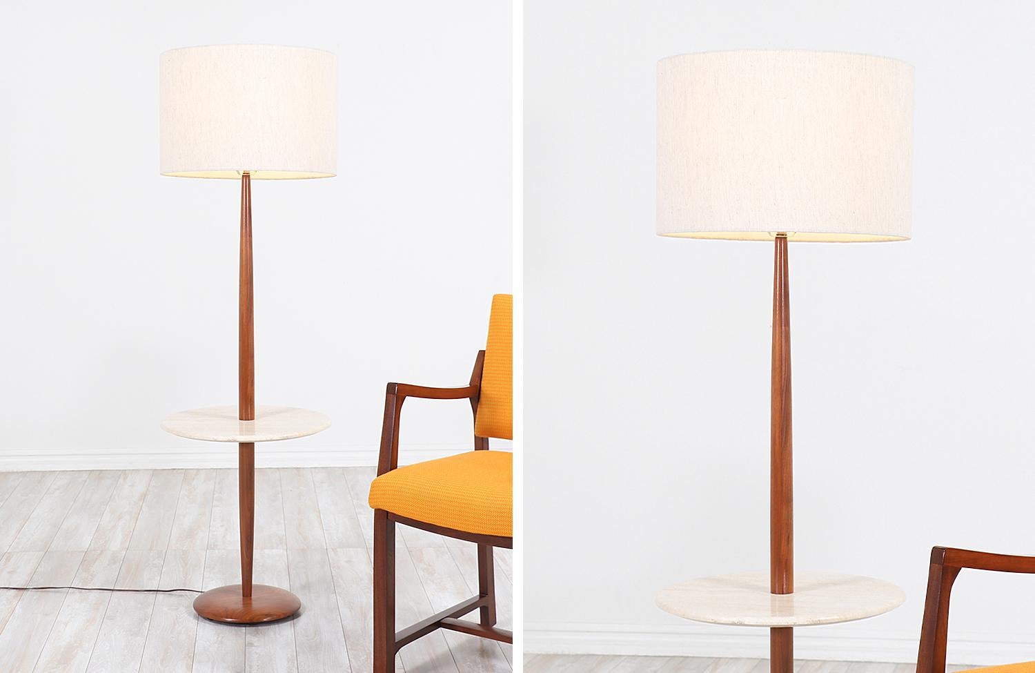 Mid-Century Modern Marble and Walnut Floor Lamp with Side Table by Laurel 3