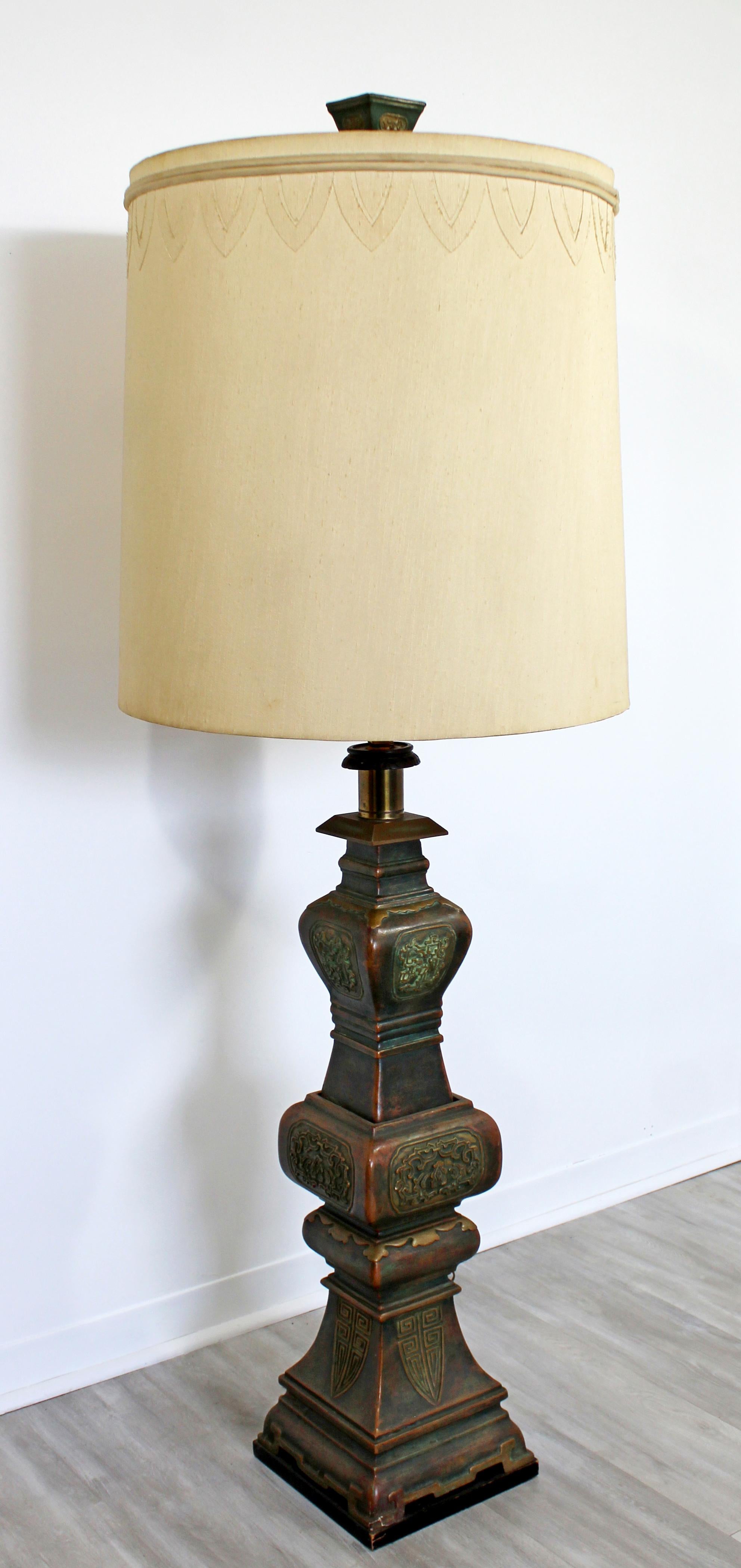 For your consideration is a truly magnificent, bronze and Italian ceramic floor lamp, with an Asian motif and original shade, from Marbro, circa 1950s. In excellent vintage condition. The dimensions of the lamp are 10.5