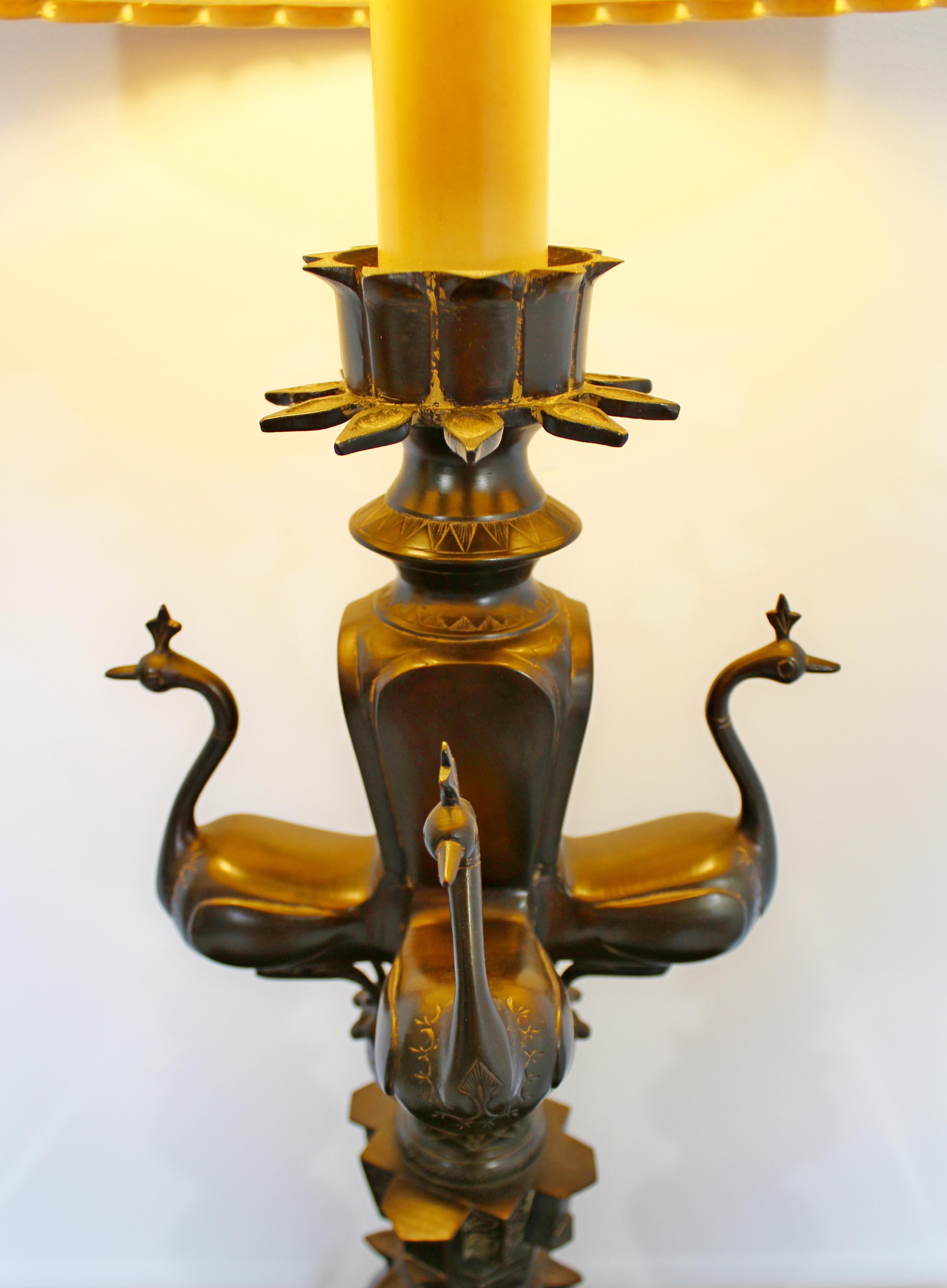For your consideration is an outstanding, bronze table lamp, with a peacock motif, original shade and finial, from Marbro, circa 1950s. In excellent vintage condition. The dimensions of the lamp are 10