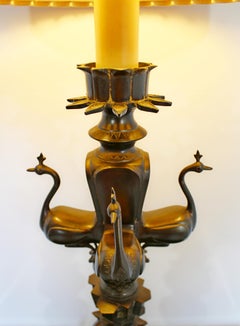 Mid-Century Modern Marbro Bronze Peacock Table Lamp Original Shade and Finial