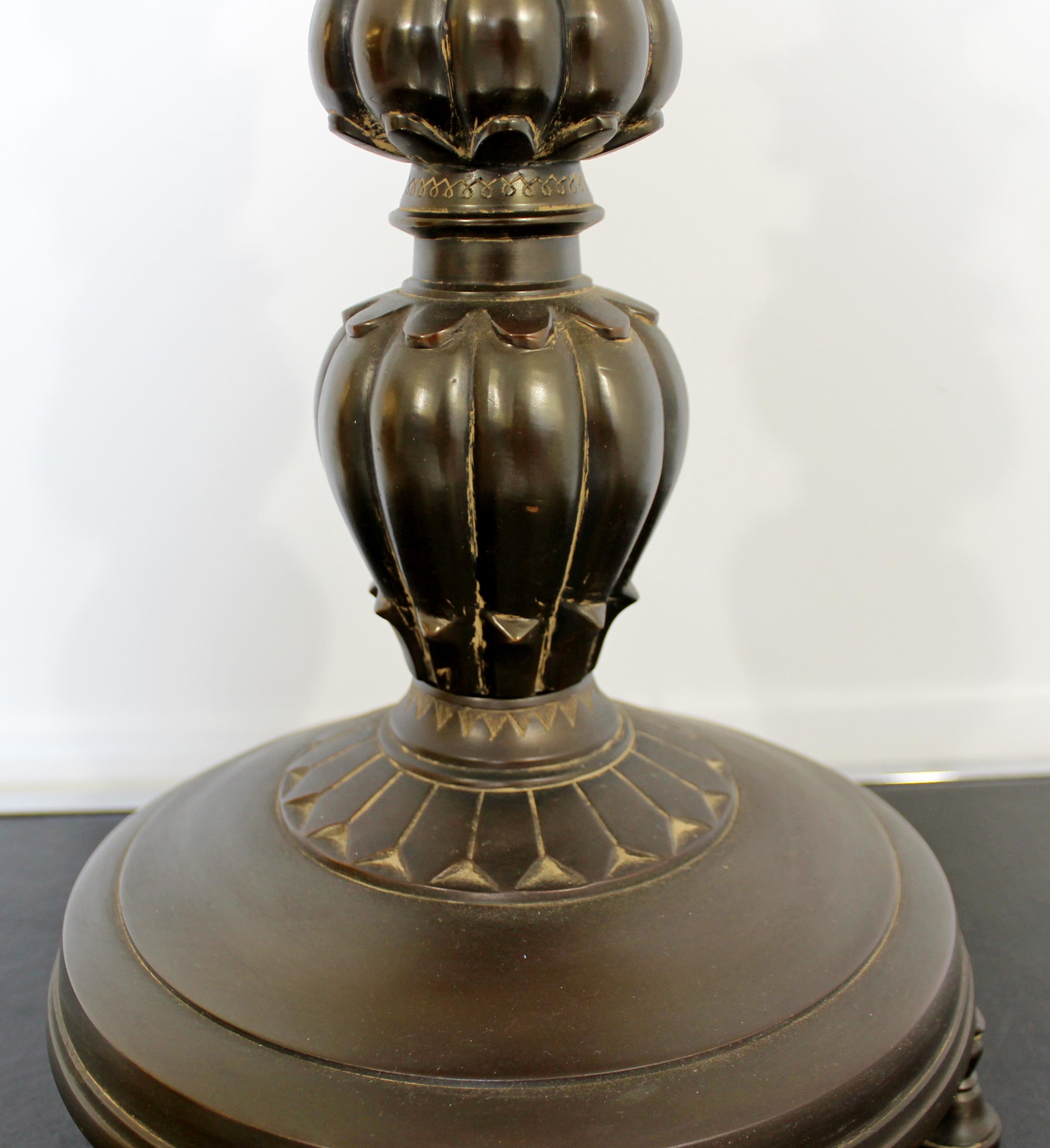 Mid-Century Modern Marbro Bronze Peacock Table Lamp Original Shade and Finial In Good Condition In Keego Harbor, MI