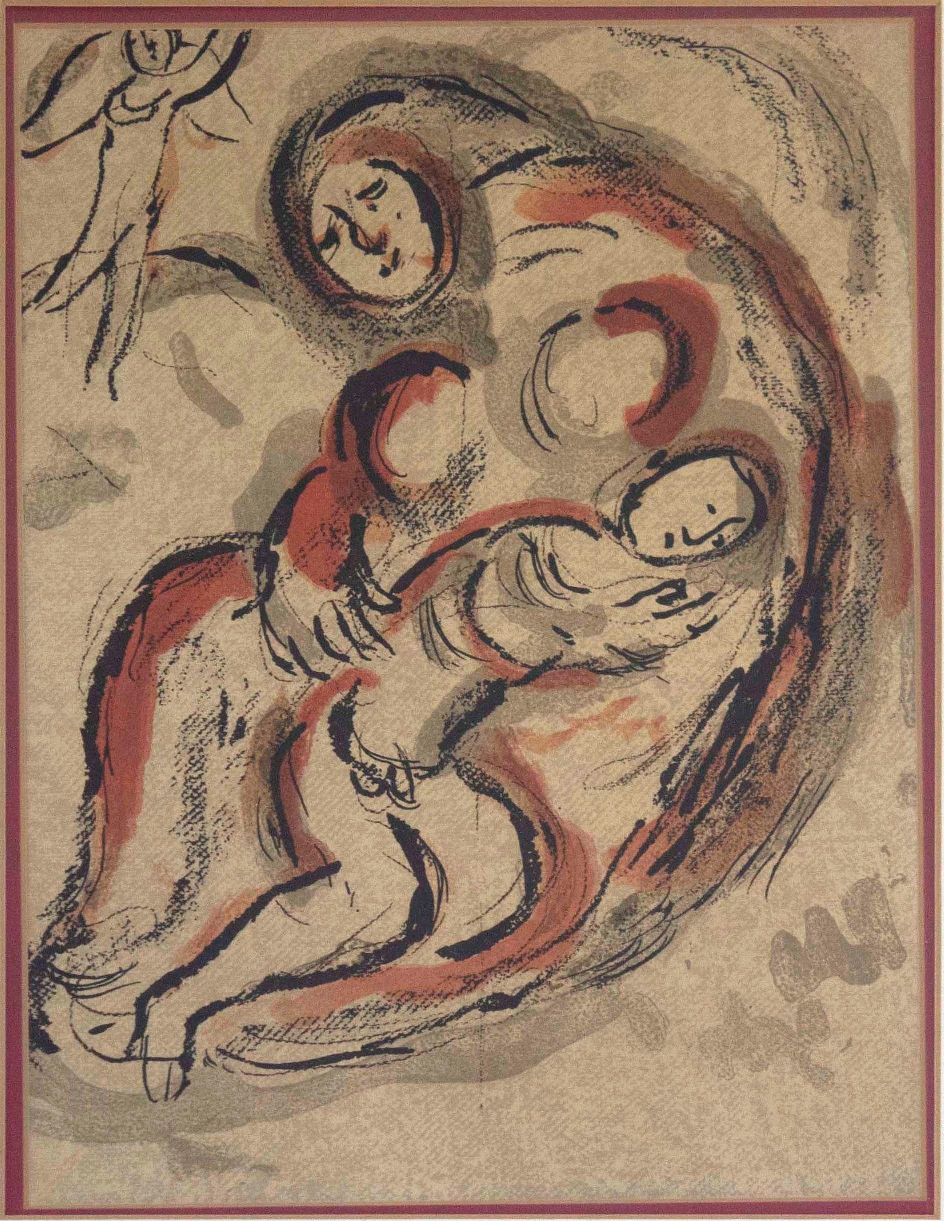 A lovely lithograph titled Hagar in The Desert, Drawings from the Bible, by early modernist artist Marc Chagall. This example is an unsigned open edition of 6500. Published in 1960. Chagall said, “Since my early youth, I have been fascinated by the