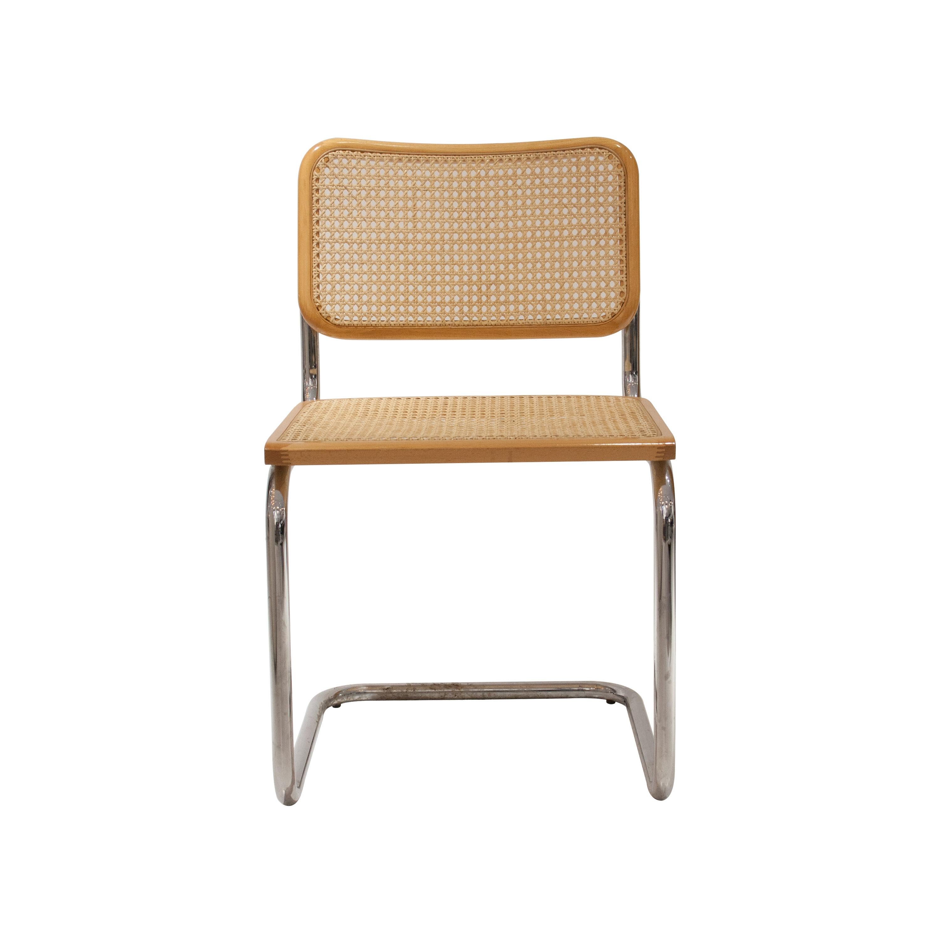 Cesca model chair designed by Marcel Breuer (1902 -1981). Structure made of tubular steel, seat and backrest in beechwood and wicker grating. German design from 1928 and produced in Italy from 1962.
