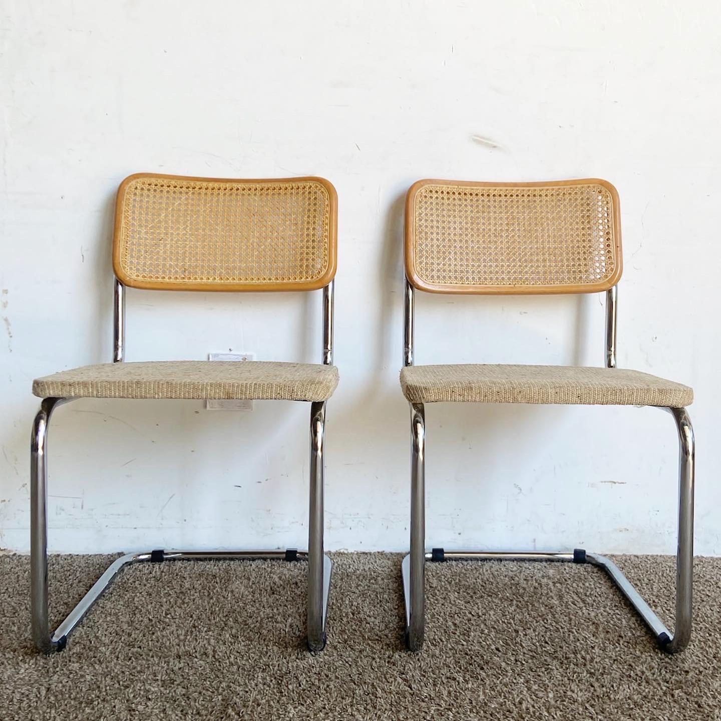 Mid Century Modern Marcel Breuer Style Cane and Chrome Cantilever Dining Chairs In Good Condition For Sale In Delray Beach, FL