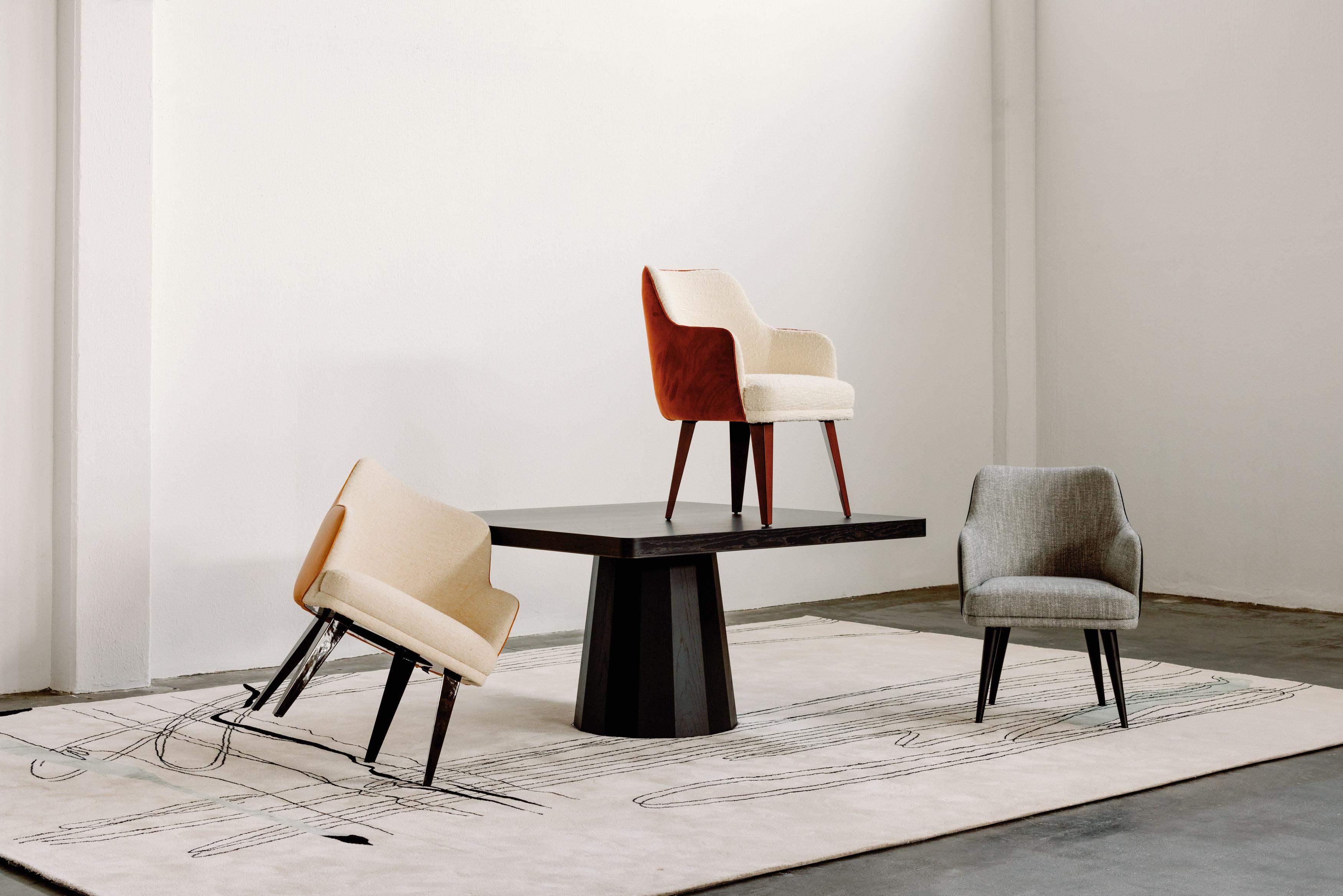 Portuguese Mid-Century Modern Margot Dining Chairs, Black Leather, Grey Fabric, Greenapple For Sale