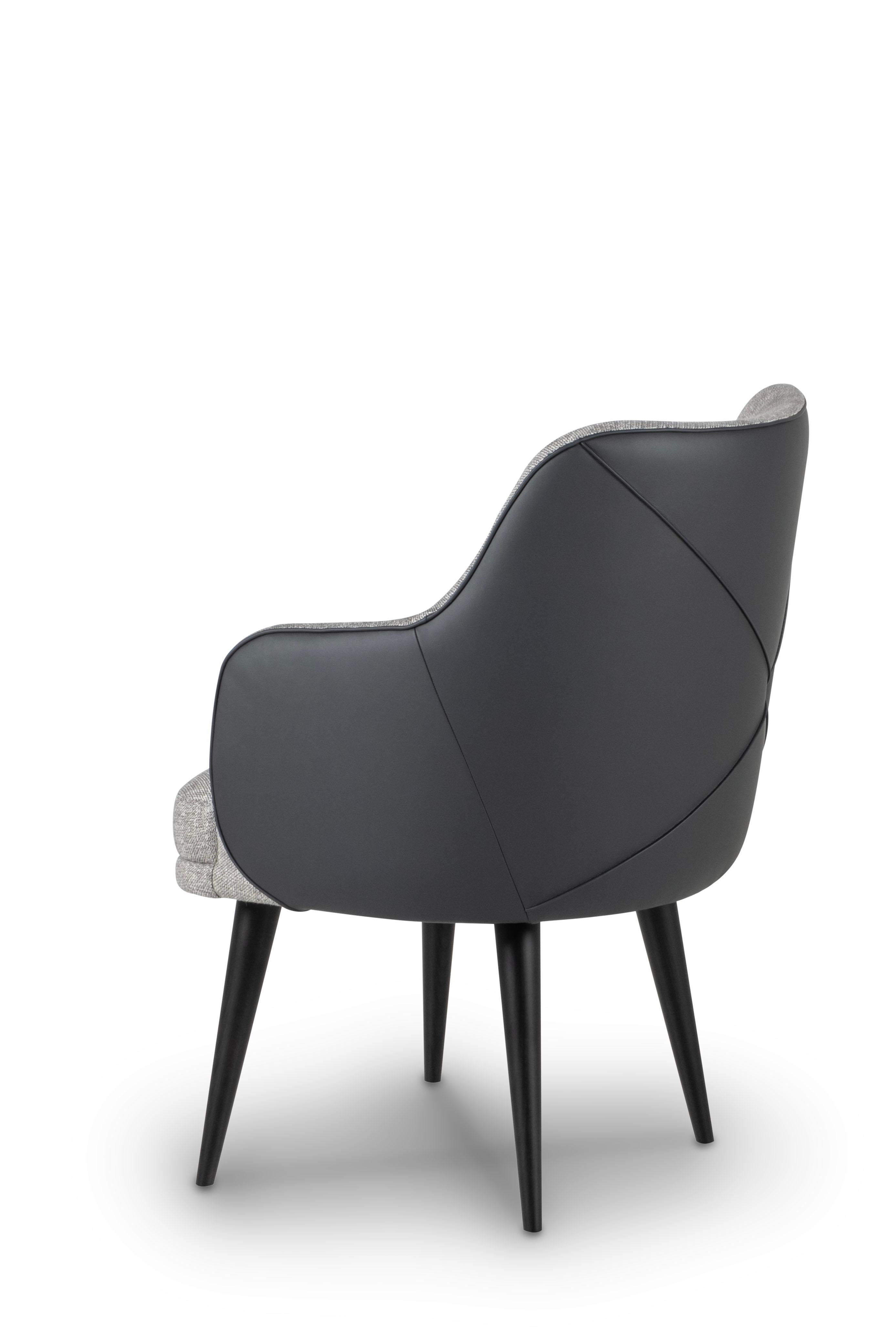 Hand-Crafted Mid-Century Modern Margot Dining Chairs, Black Leather, Grey Fabric, Greenapple For Sale