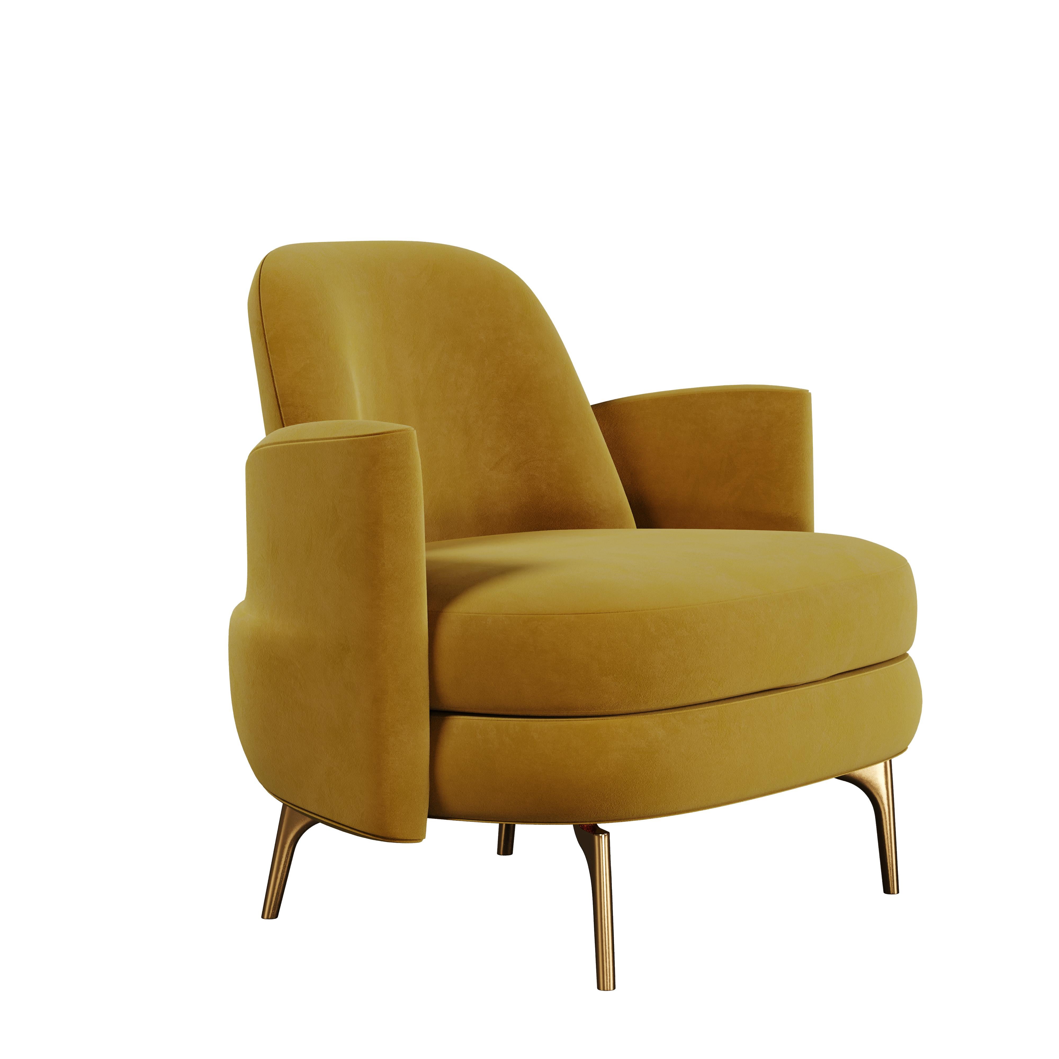 Mid-Century Modern Marilyn Armchair Brass Cotton Velvet In New Condition For Sale In RIO TINTO, PT