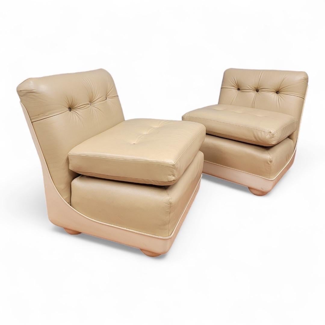 Mid-Century Modern Mid Century Modern Mario Bellini Style Fiberglass Shell Leather Lounges - Pair For Sale
