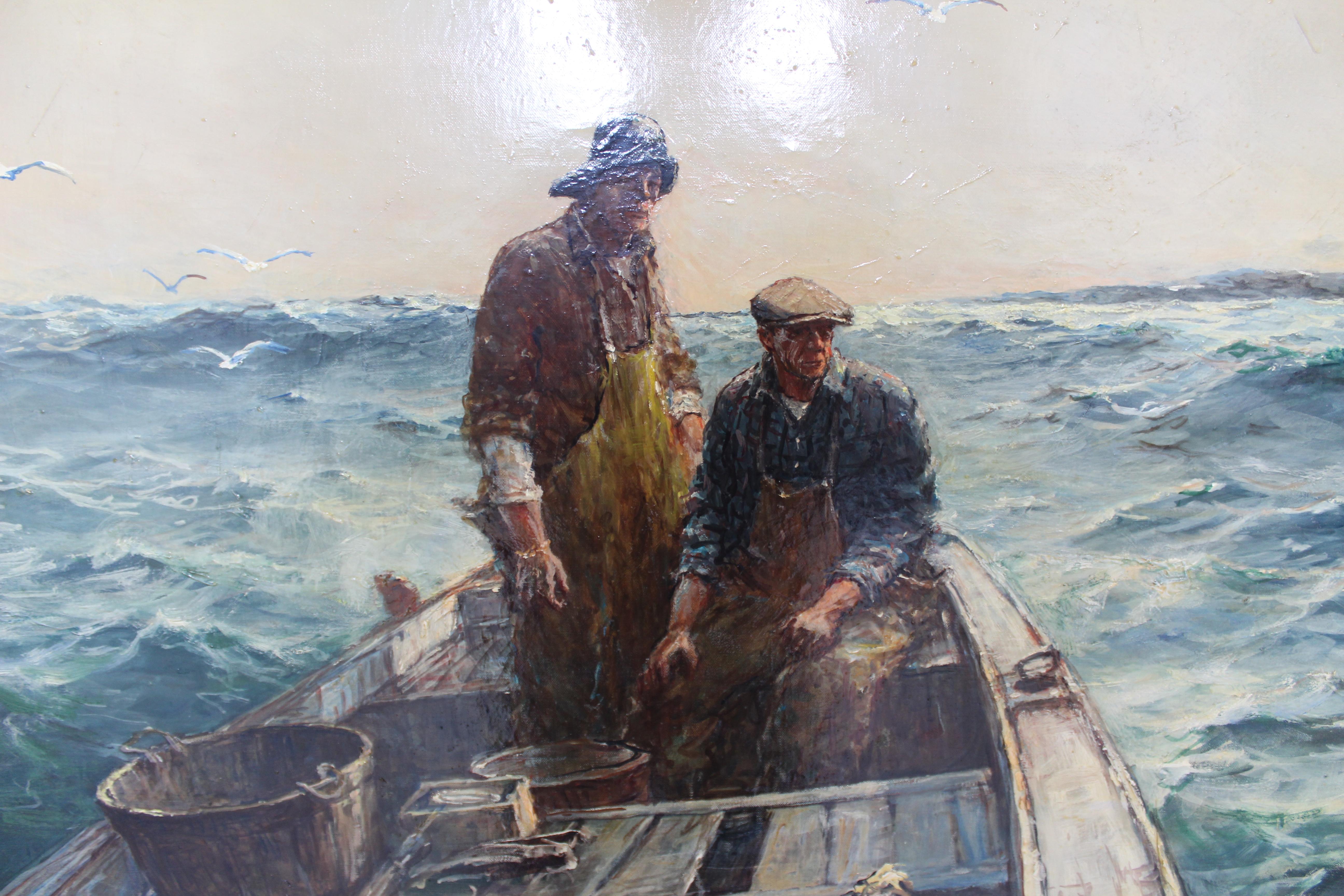 Mid-Century Modern Maritime Ram Boat Signed Oil by Jack Lorimer Gray Framed 1