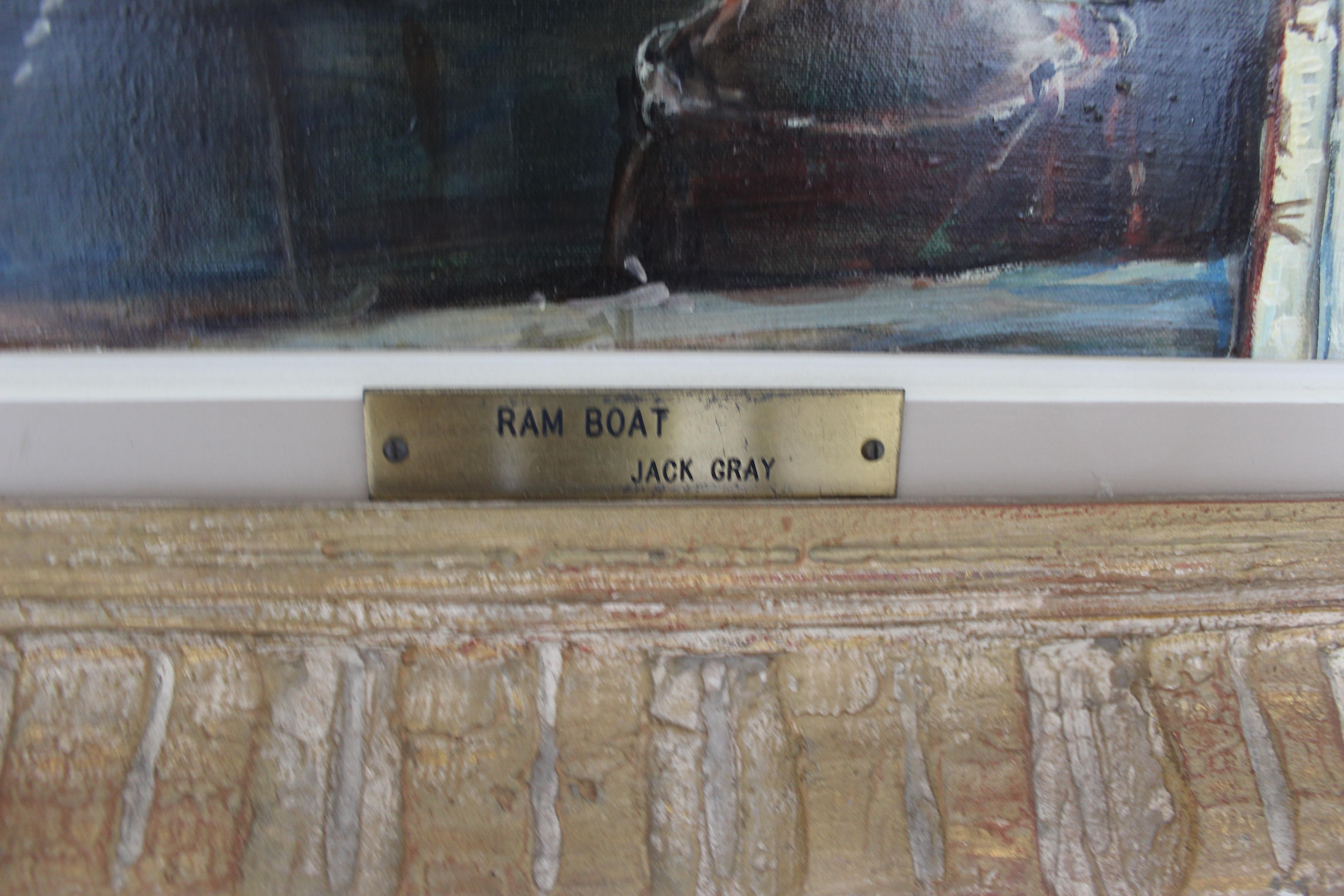 Mid-Century Modern Maritime Ram Boat Signed Oil by Jack Lorimer Gray Framed 4