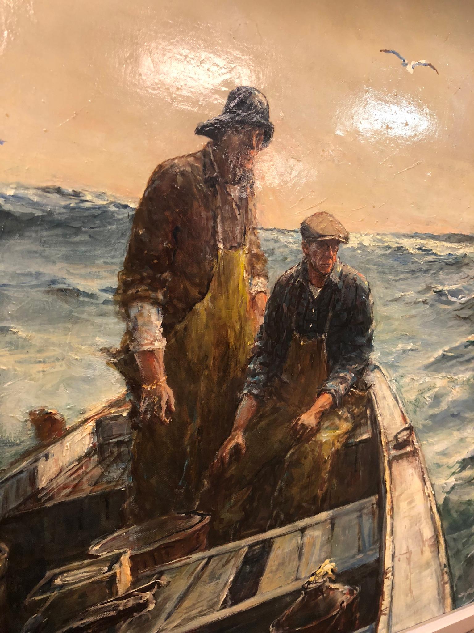 Mid-Century Modern Maritime Ram Boat Signed Oil by Jack Lorimer Gray Framed In Good Condition In Keego Harbor, MI