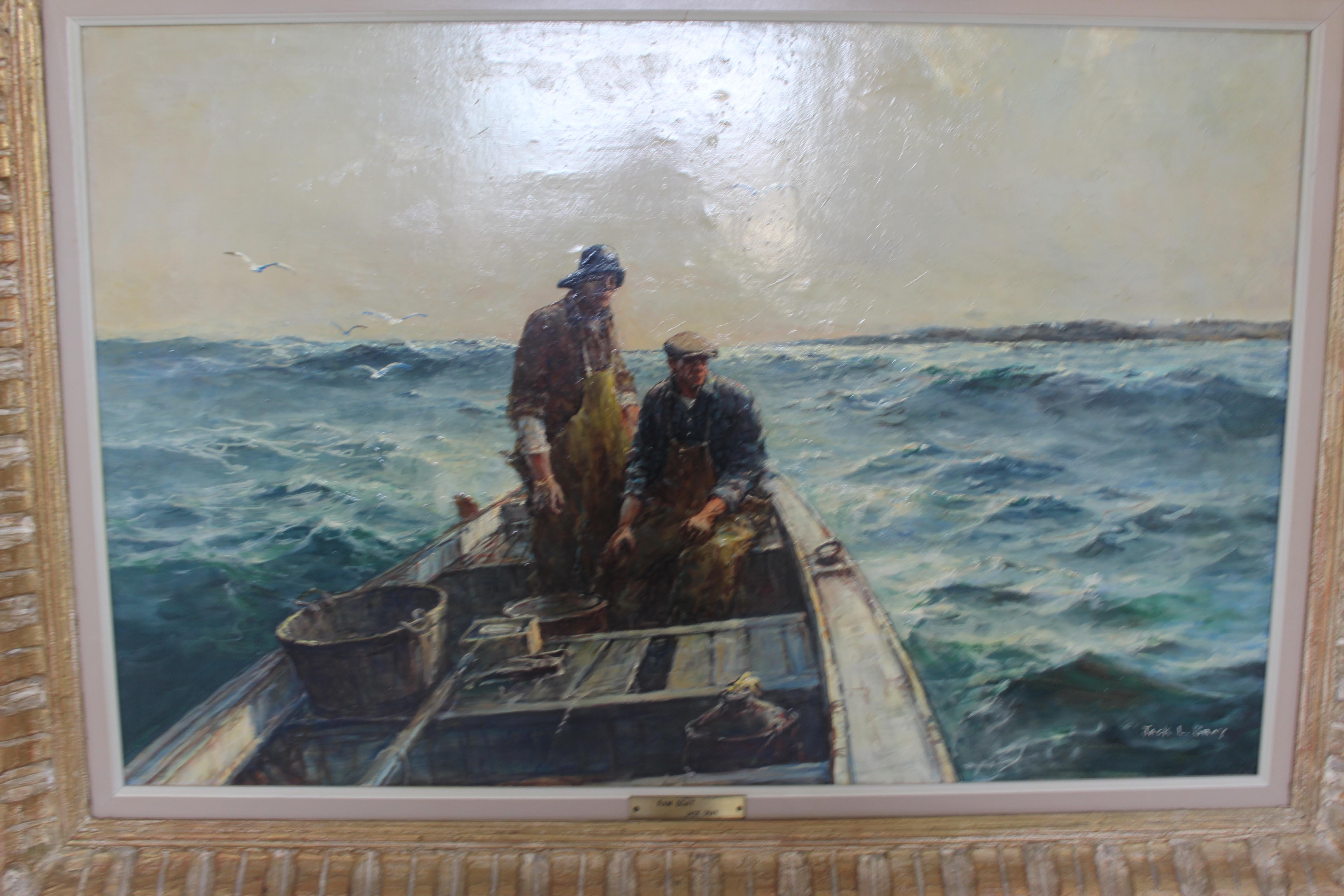 Canvas Mid-Century Modern Maritime Ram Boat Signed Oil by Jack Lorimer Gray Framed
