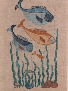 Mid Century modern maritime wall art with embroidered fish Sweden 1970s