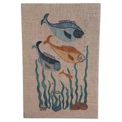 Mid Century modern maritime wall art with embroidered fish Sweden 1970s